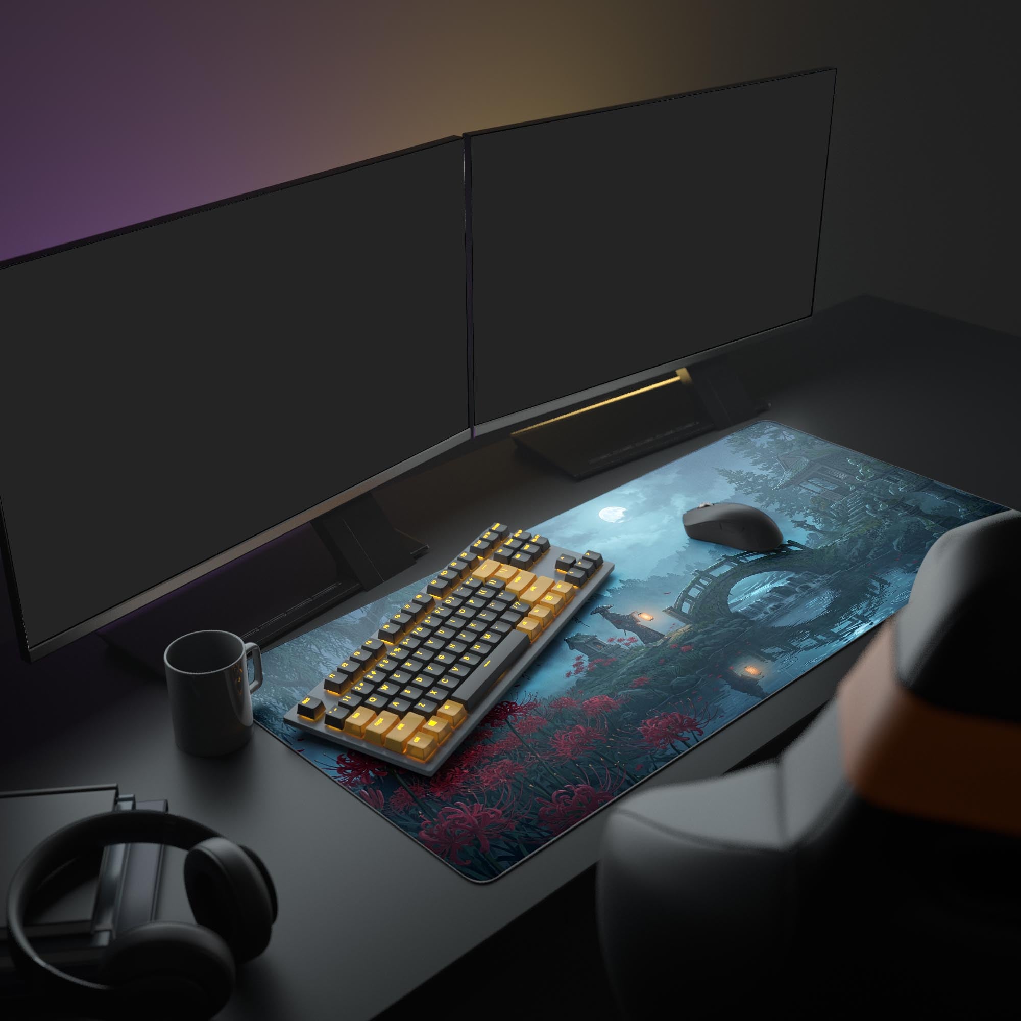The Weeping Willow XL mouse pad displayed in a full gaming setup, creating a moody Japanese aesthetic with glowing monitors and peripherals. - Epic Design Pads & Mousepads