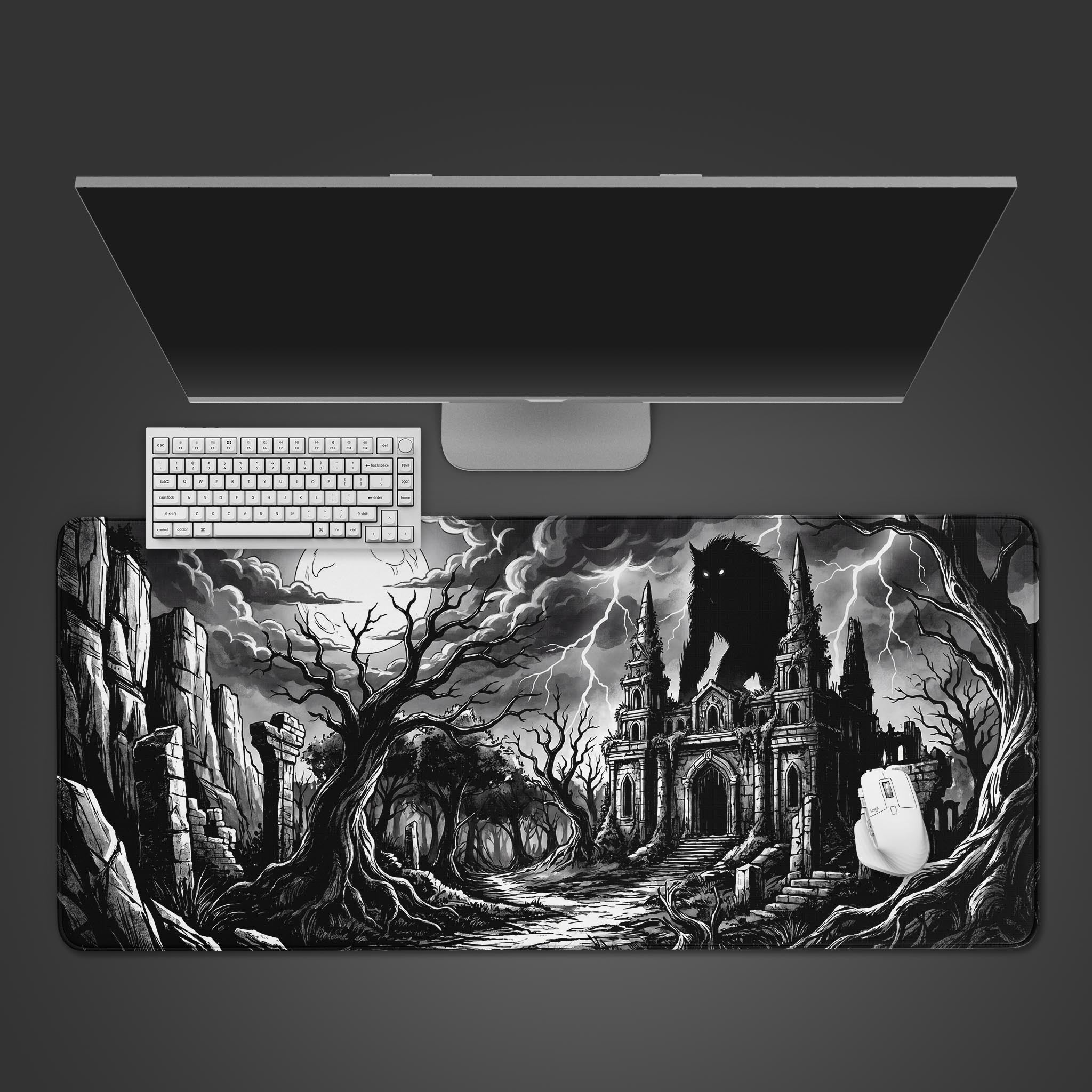 Black and white gothic desk mat featuring a giant werewolf towering over a ruined cathedral under a full moon.