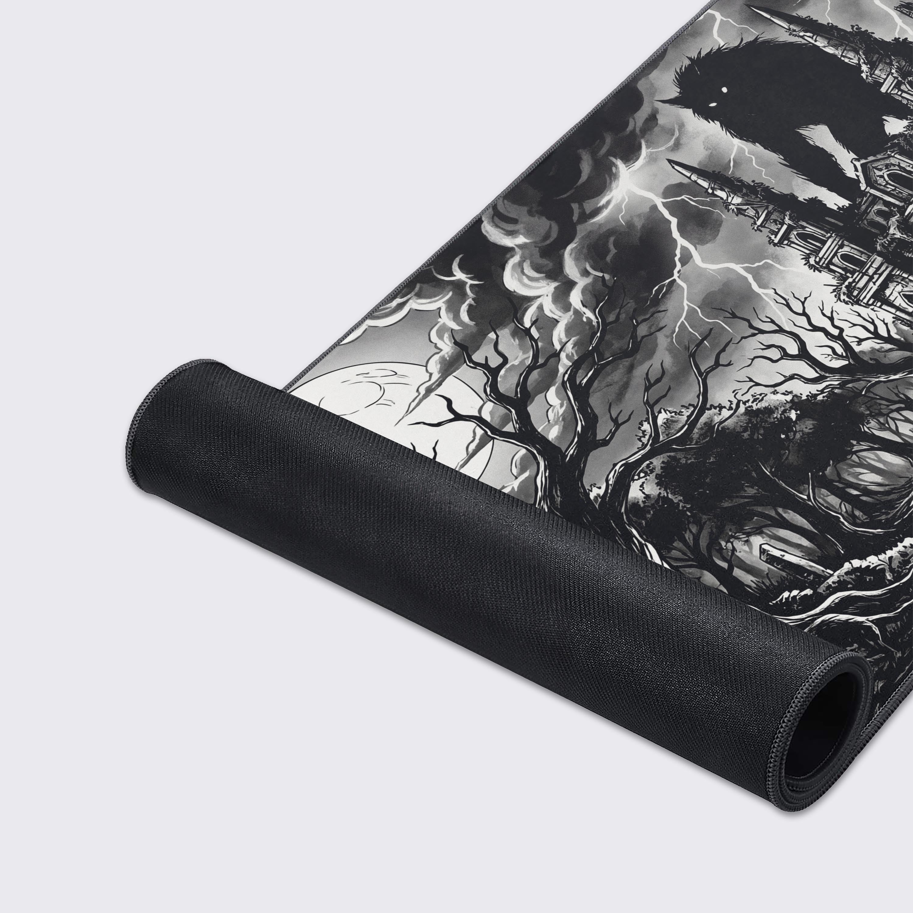 Features of the gothic werewolf desk mat highlighting non-slip rubber base, waterproof surface, and crisp print quality.