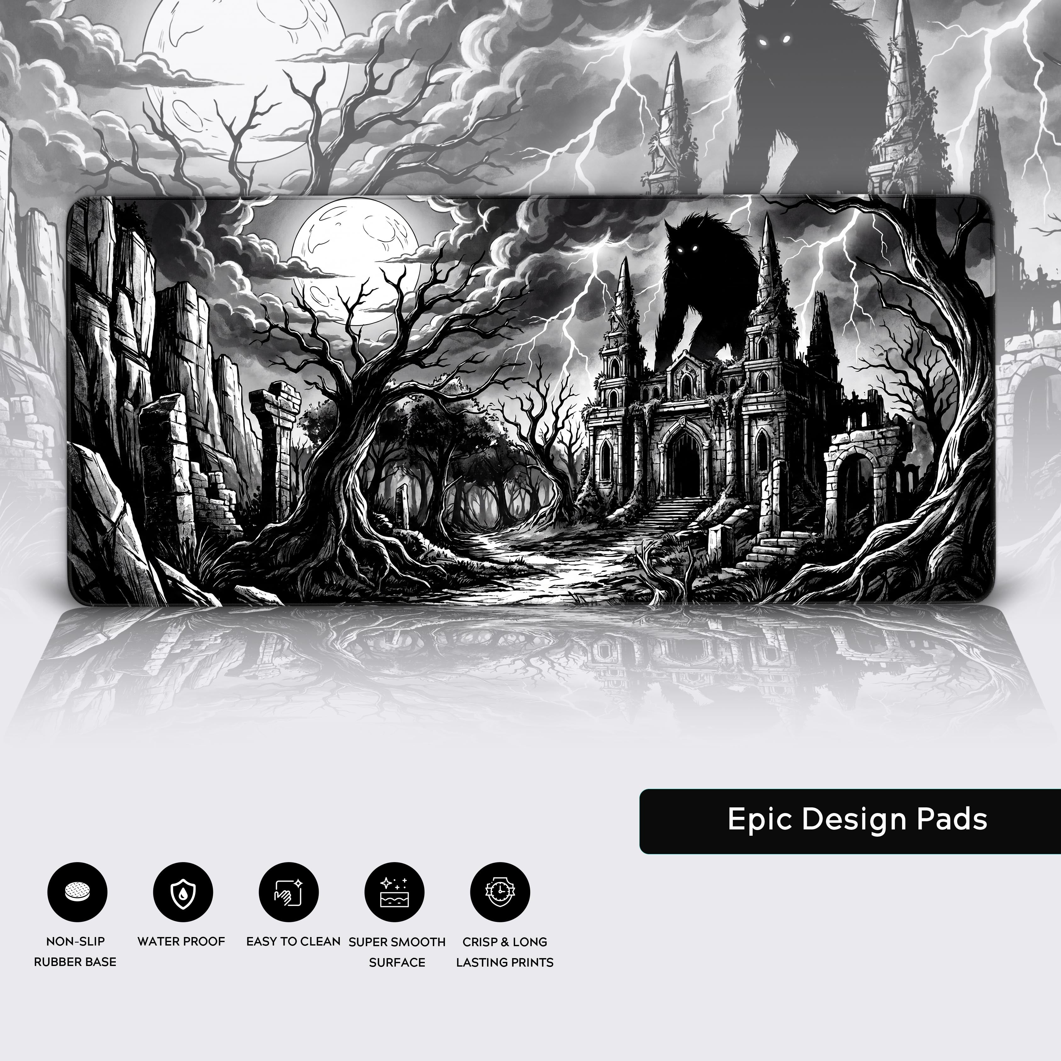 Epic dark fantasy desk setup featuring the Shadow Beast black and white XL mouse pad.