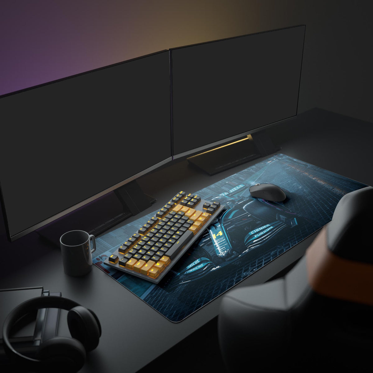 Large Wet Track racing mouse pad with race car design, featured in a gaming setup with dual monitors and headphones. - Epic Design Pads