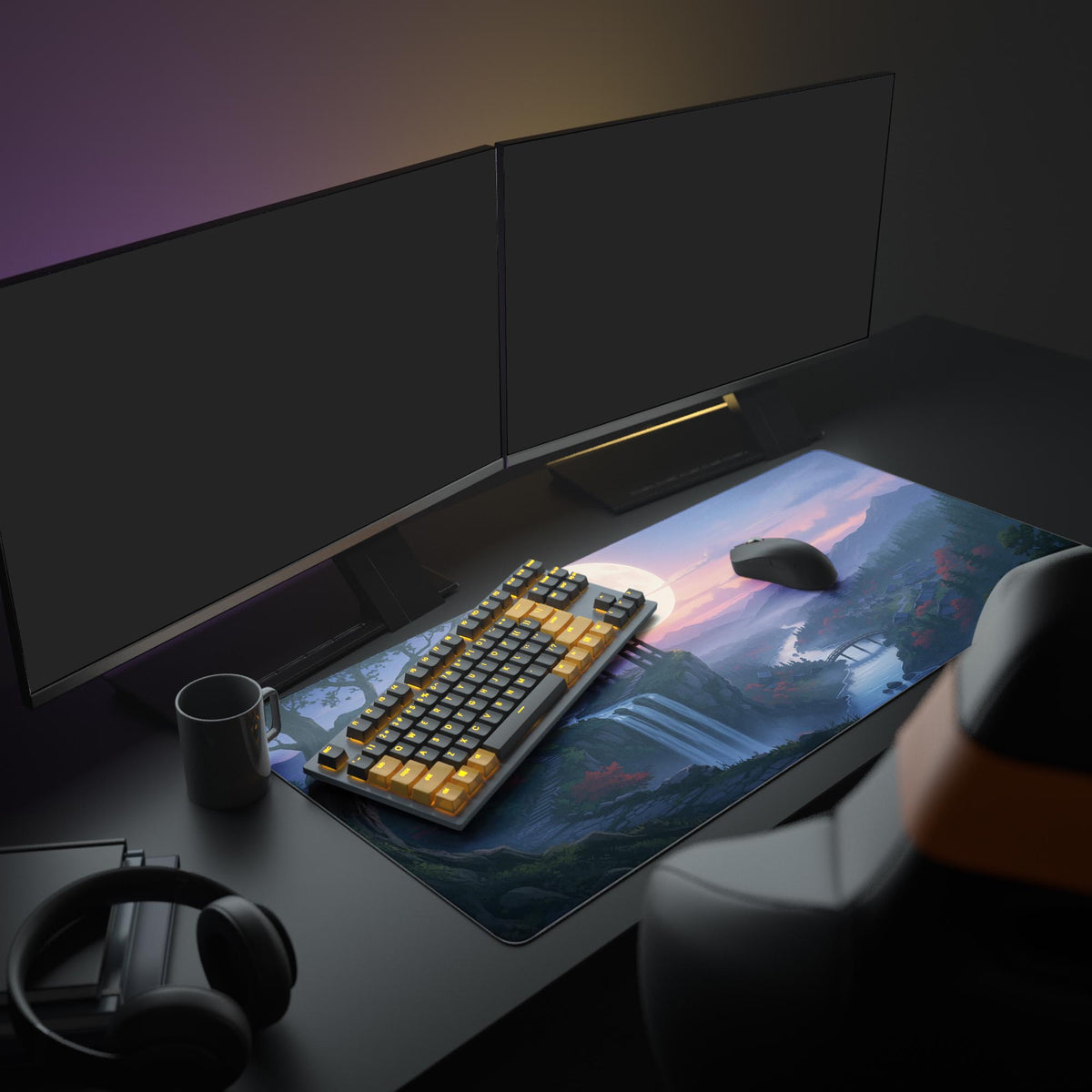 Large Japanese gaming desk mat with Whispering Falls waterfall art – shown in an aesthetic setup with dual monitors and headphones. - Epic Design Pads