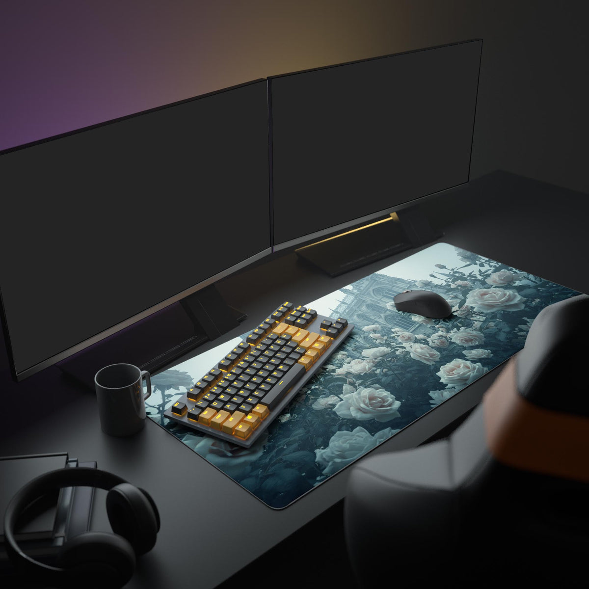 Desk mat on a dark desk under two monitors with keyboard, mouse, mug and headphones, showing white roses and a cathedral - Epic Design Pads & Mousepads