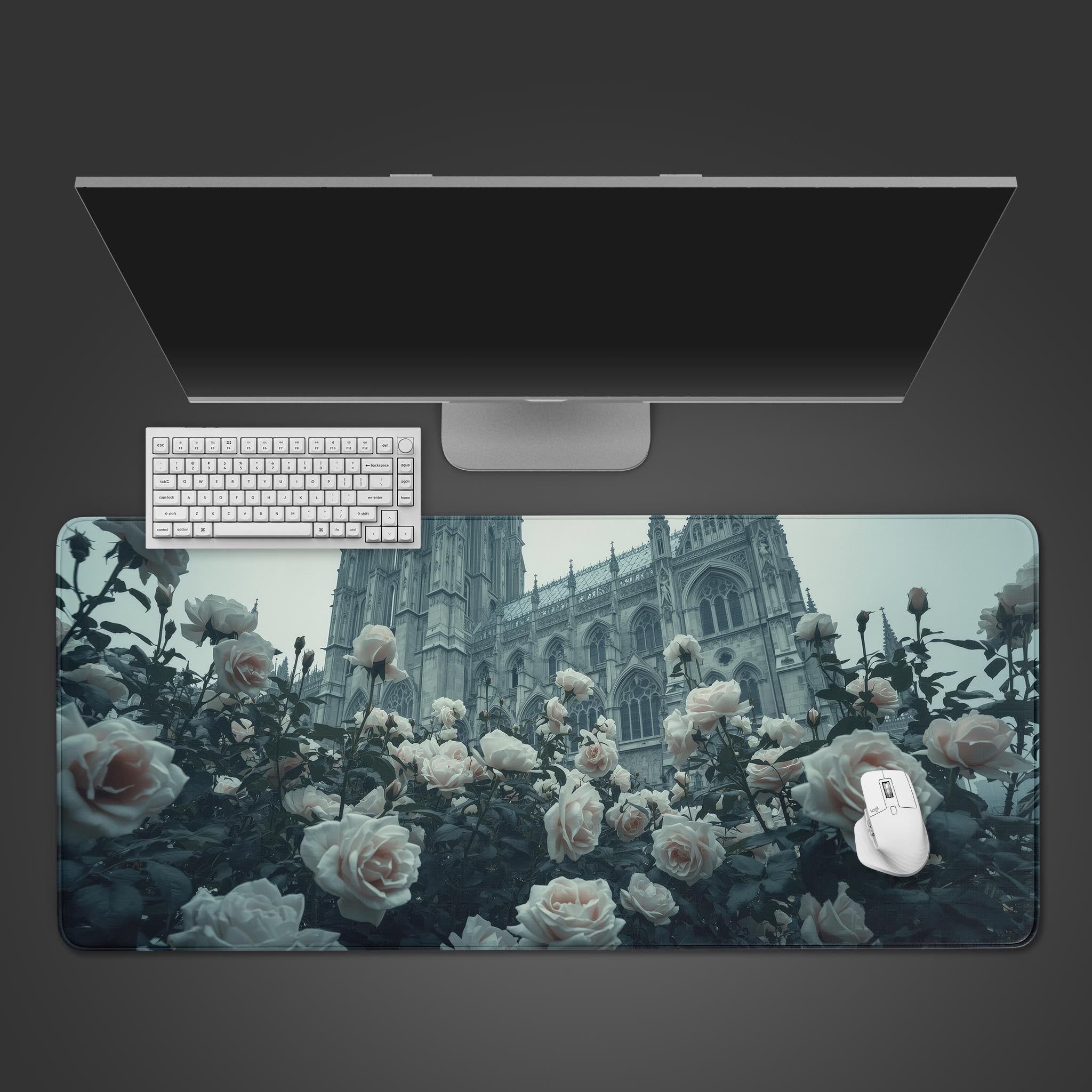 The War's End gaming desk mat showing a conqueror on a white horse, seen from a top-down view with a mechanical keyboard and mouse. - Epic Design Pads & Mousepads