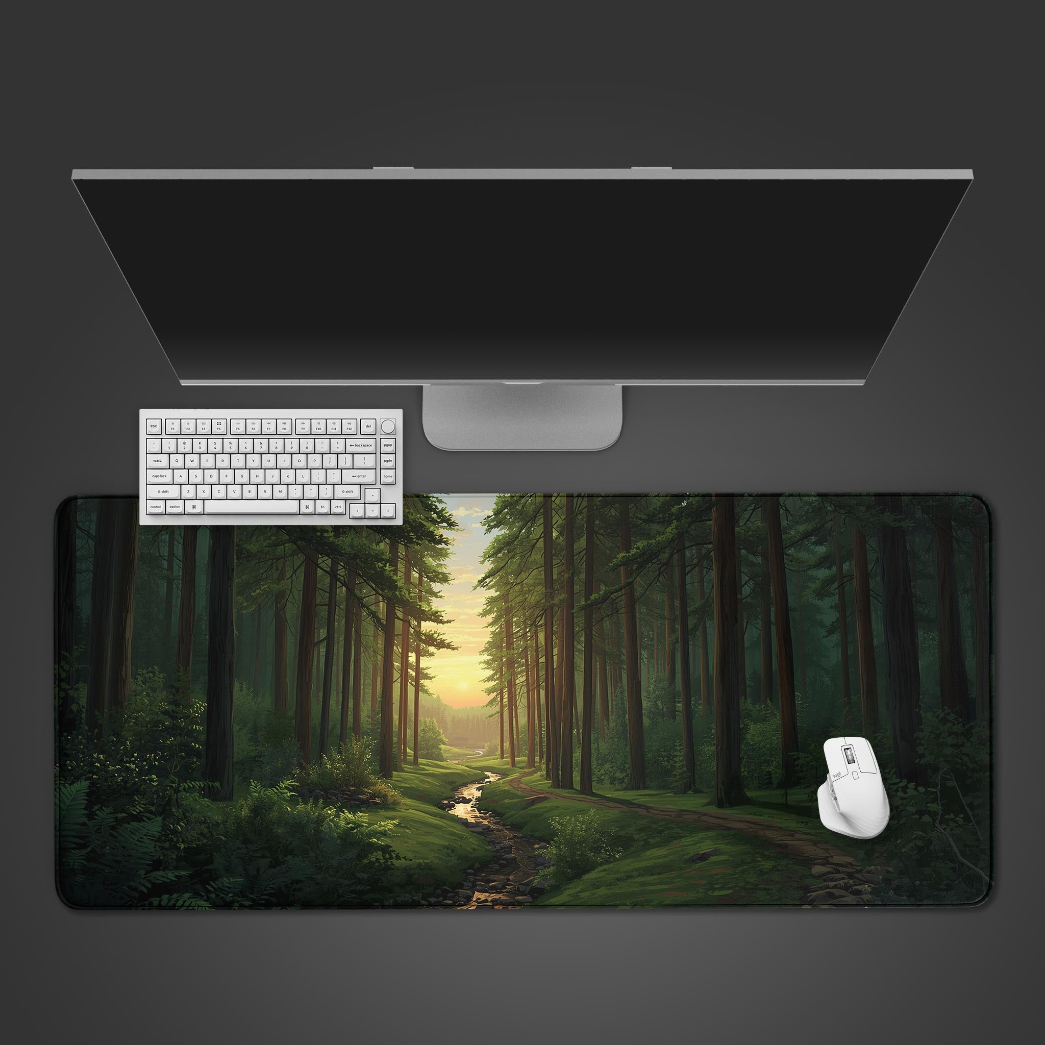 Whispering Woods forest desk mat showing a sunlit grove path, viewed from above with a black keyboard and white mouse. - Epic Design Pads