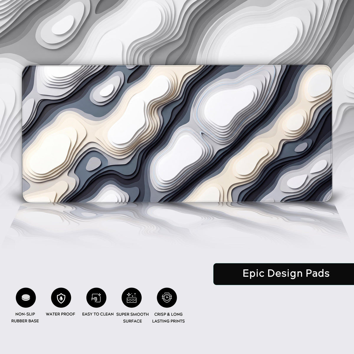 Features panel with the white, beige and gray contour desk mat over a faded copy of its art and five feature icons below