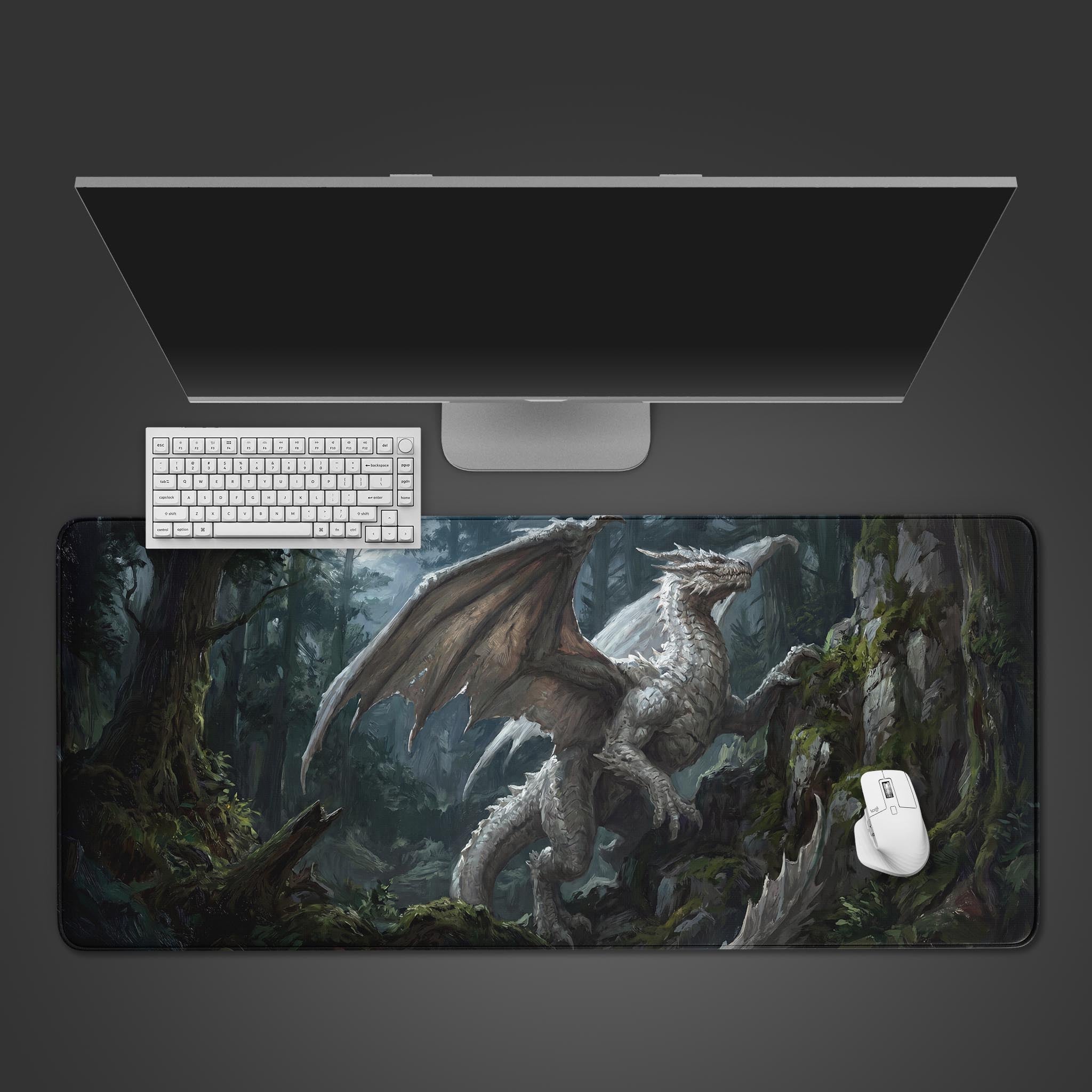 Ancient White Dragon fantasy desk mat showing a large mythical beast in a dark forest