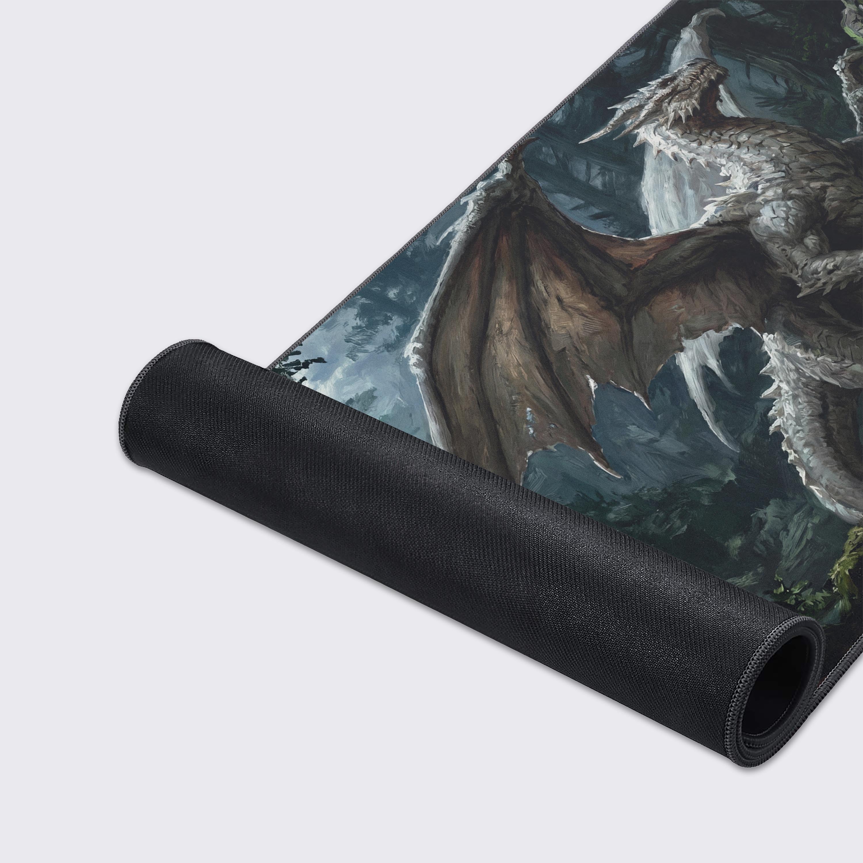 Epic dark fantasy forest dragon desk mat featuring waterproof and non-slip rubber base icons