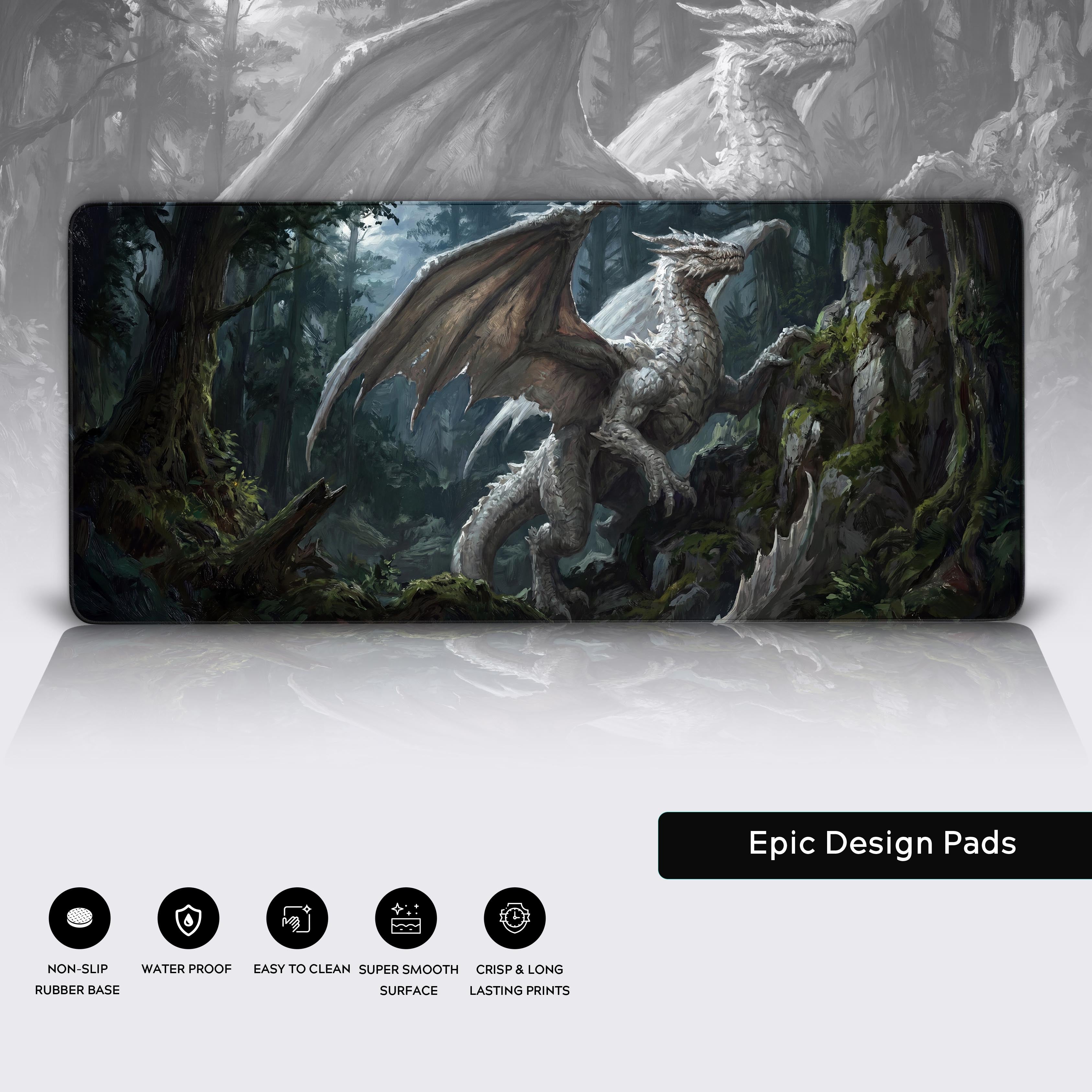 XL fantasy gaming pad with a majestic white dragon climbing a rocky cliff in an ancient woods