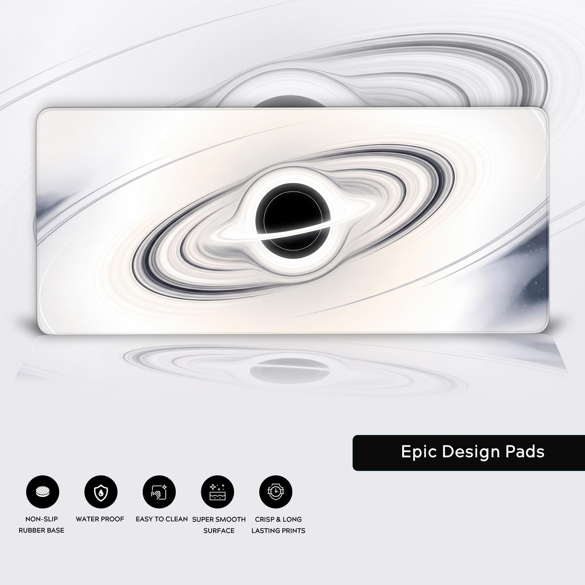 Features panel with the ivory black hole desk mat over a faded copy of its swirling rings, five feature icons below