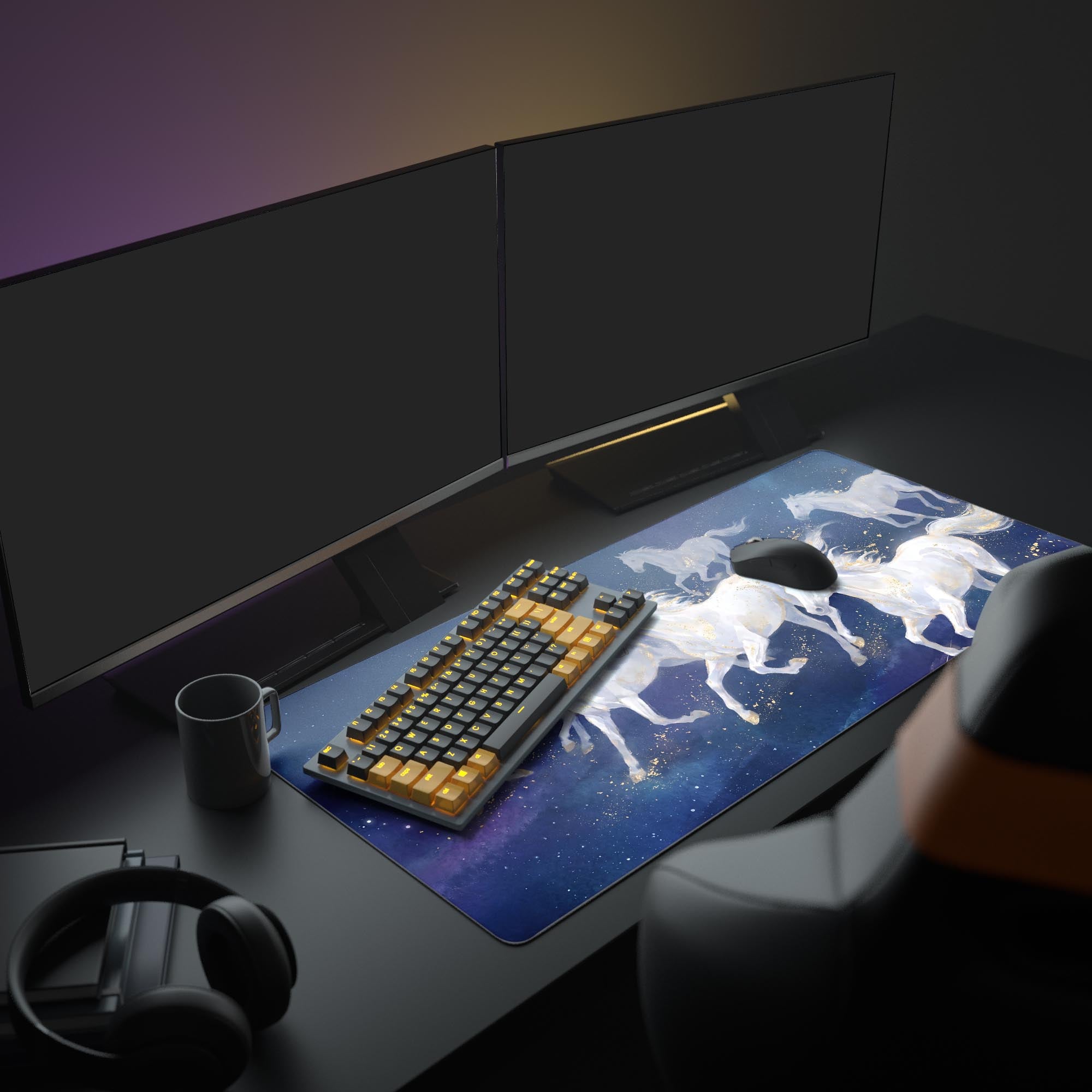 Close-up of the ethereal horse artwork showing gold dust accents on a smooth mouse pad surface