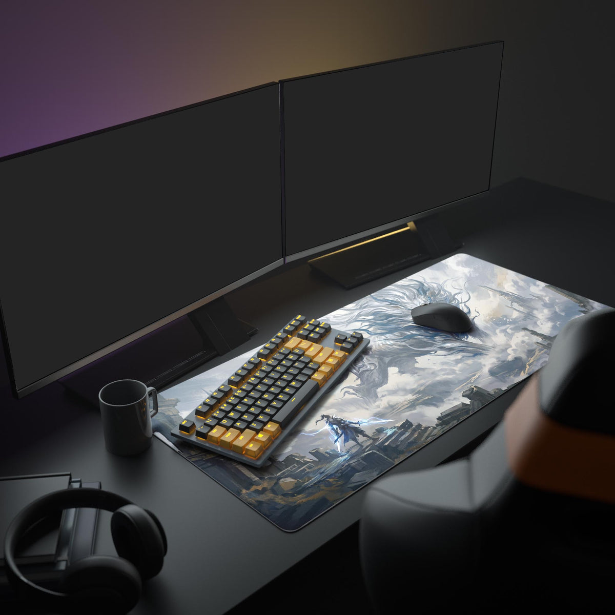 Close-up of the desk mat showcasing the crisp print quality of the fantasy warrior and the glowing blue mane of the mythical lion.