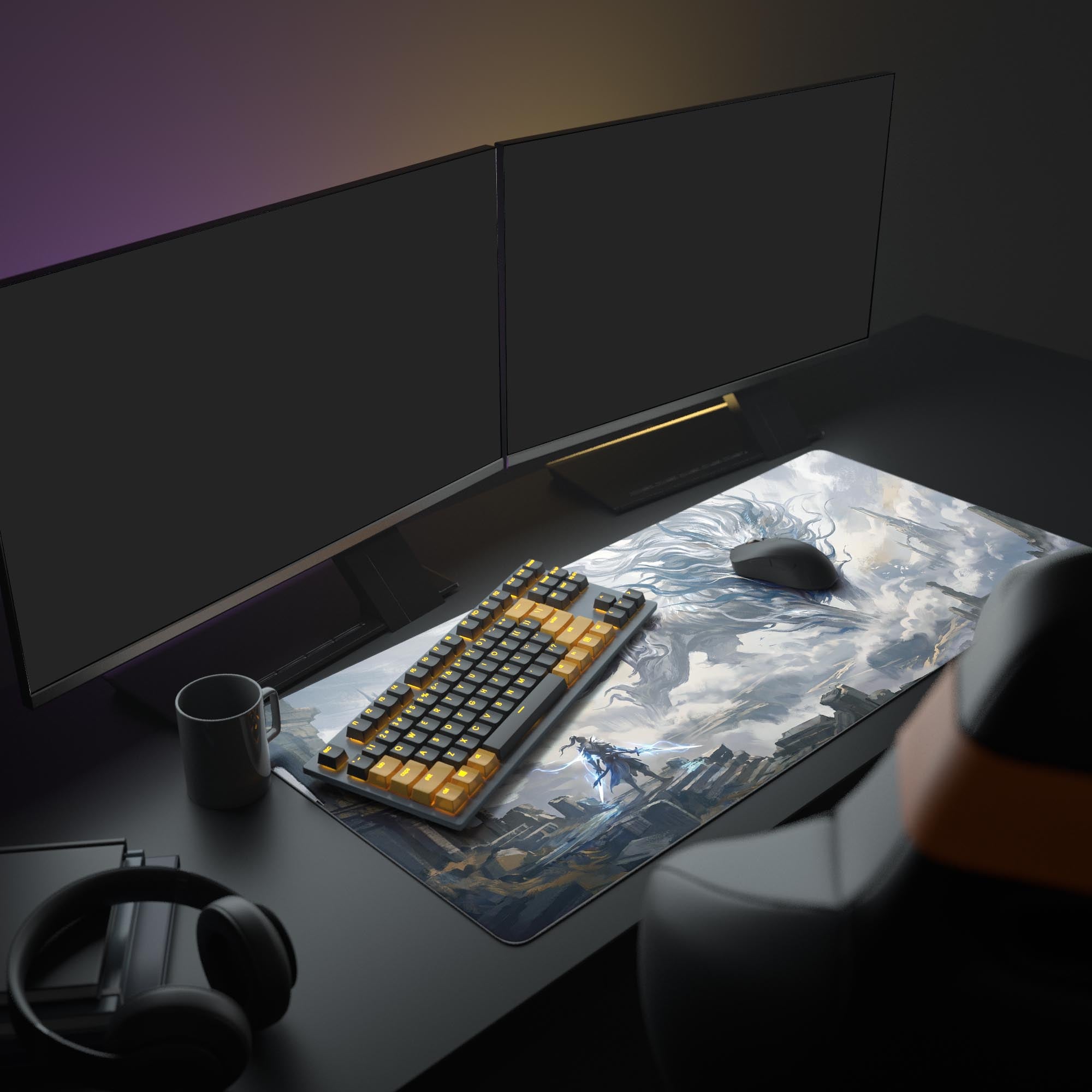 Close-up of the desk mat showcasing the crisp print quality of the fantasy warrior and the glowing blue mane of the mythical lion.