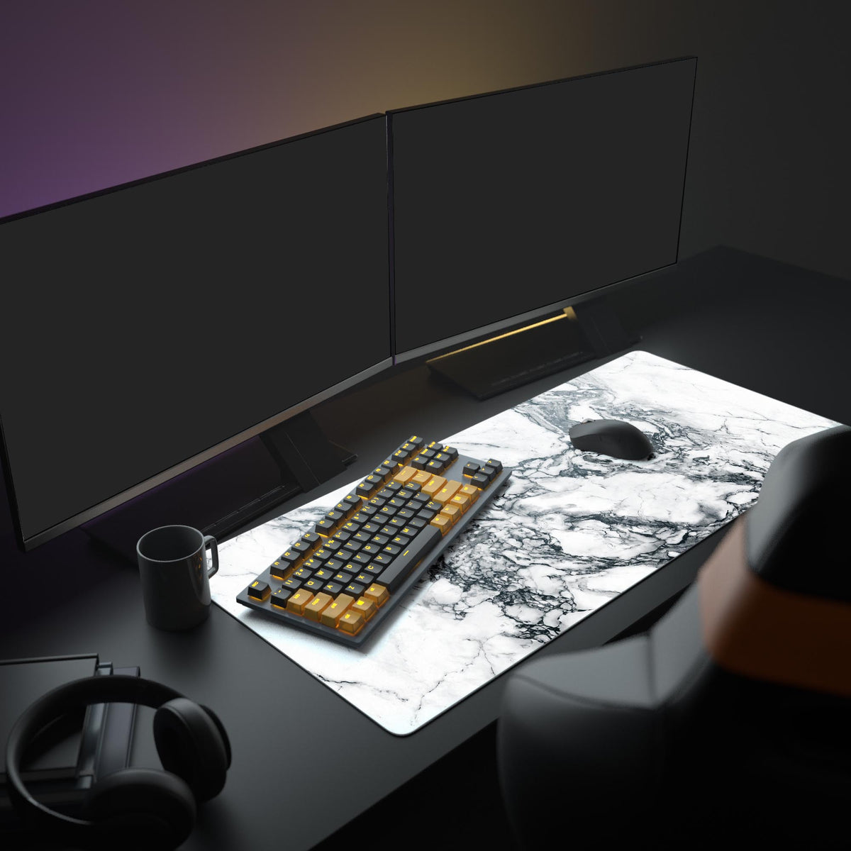 Close up of the intricate grey and black veins running across the crisp white marble background on the desk mat.