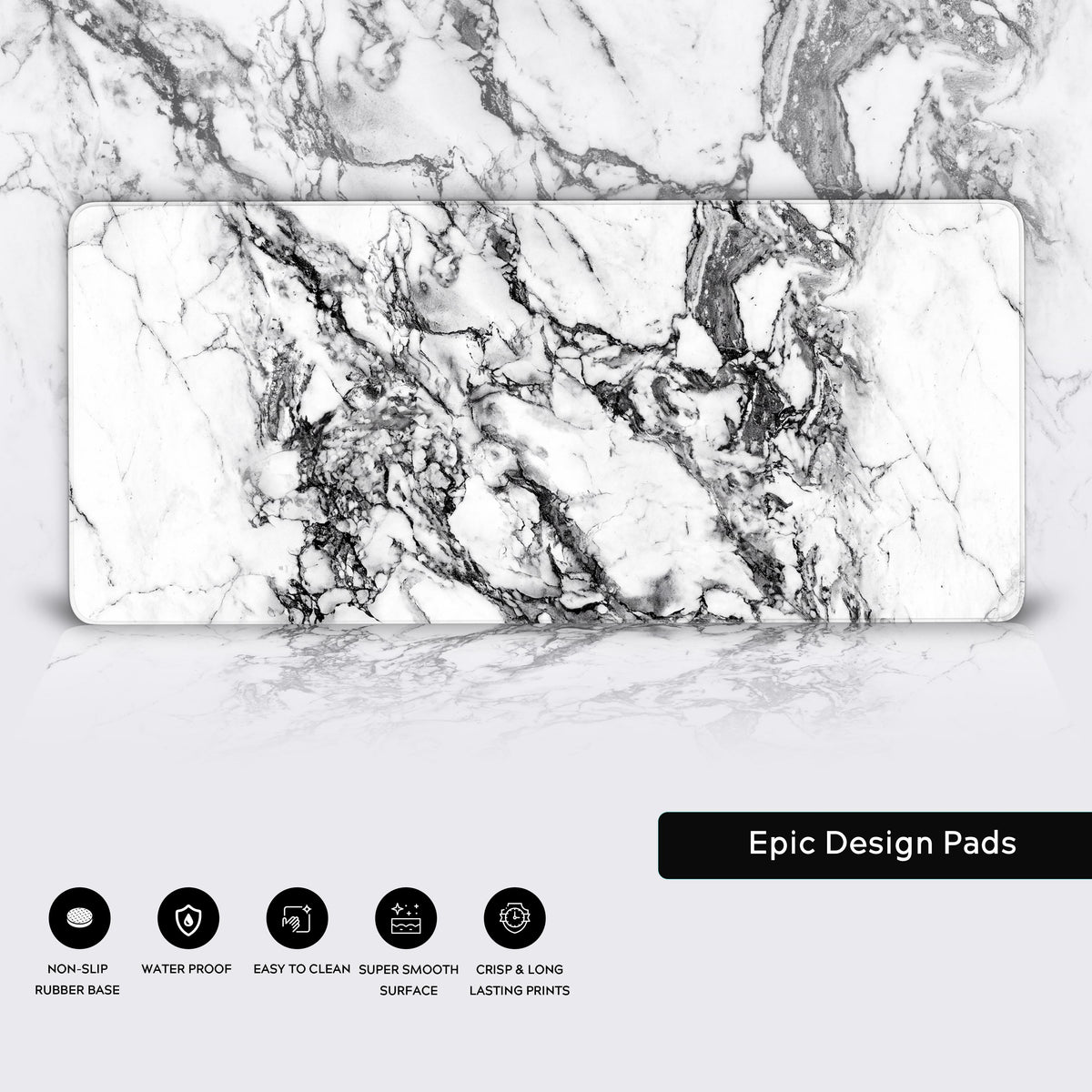 Full view of the luxurious white marble pattern on a rectangular desk mat with product feature icons below.