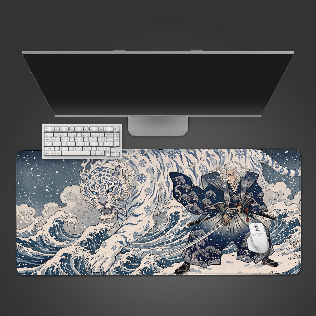 Desk mat displaying a Japanese ukiyo-e illustration of a samurai and a white tiger amid winter waves.