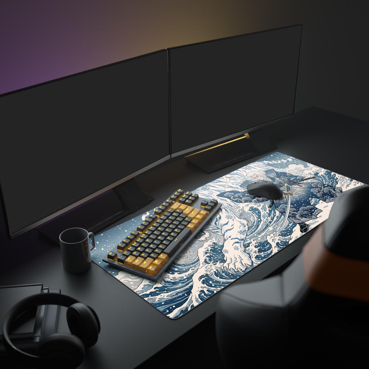 Top-down view of the desk mat highlighting the dynamic combat pose of the white-haired samurai holding a katana.