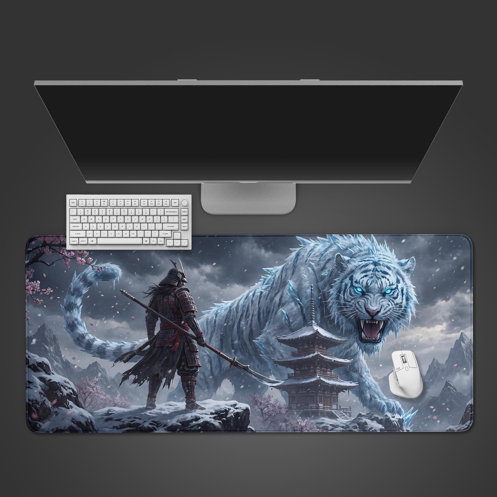 Epic White Tiger and Samurai fantasy desk mat showing a snowy mountain landscape