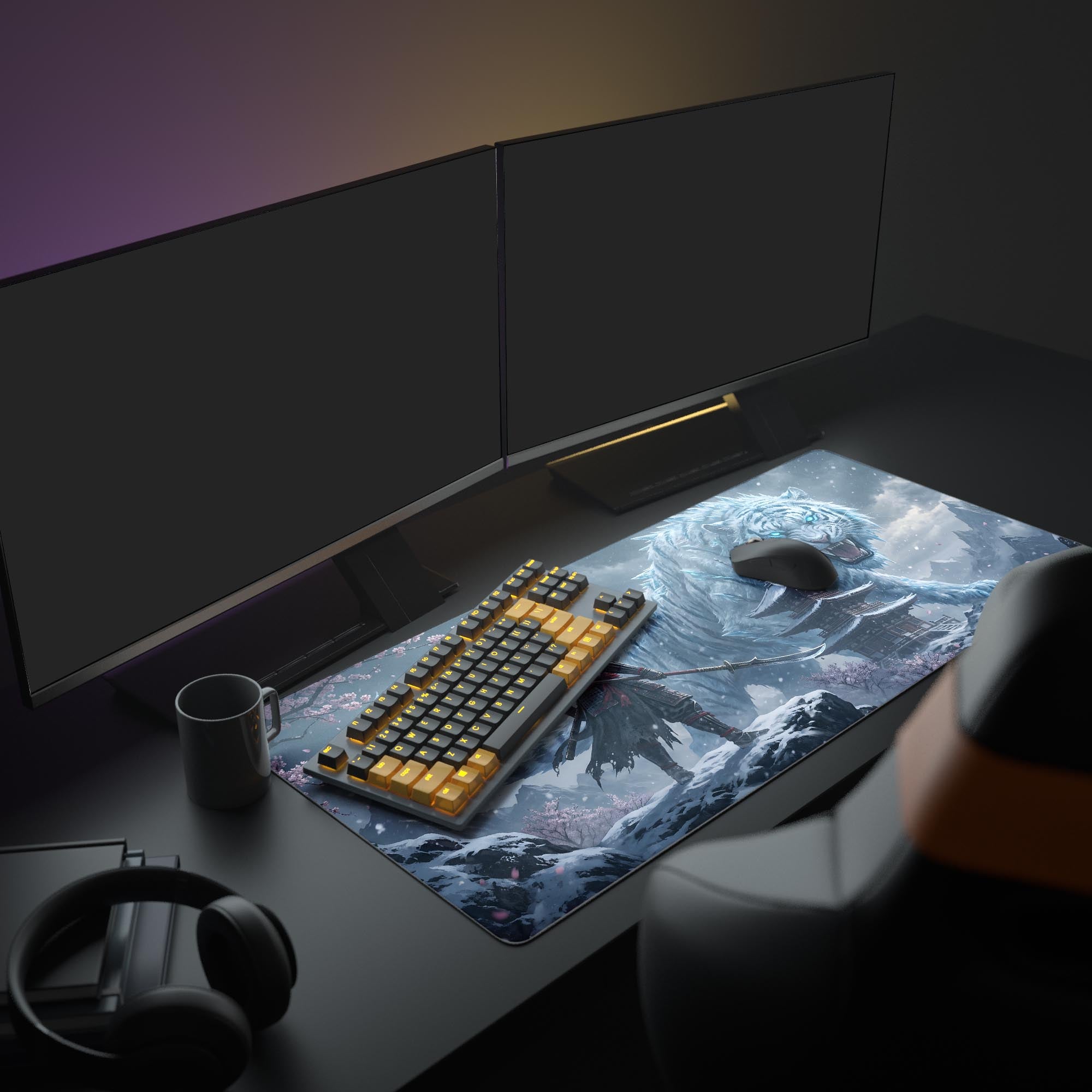 Close-up of the giant mythical white tiger with glowing blue eyes on a gaming mouse pad