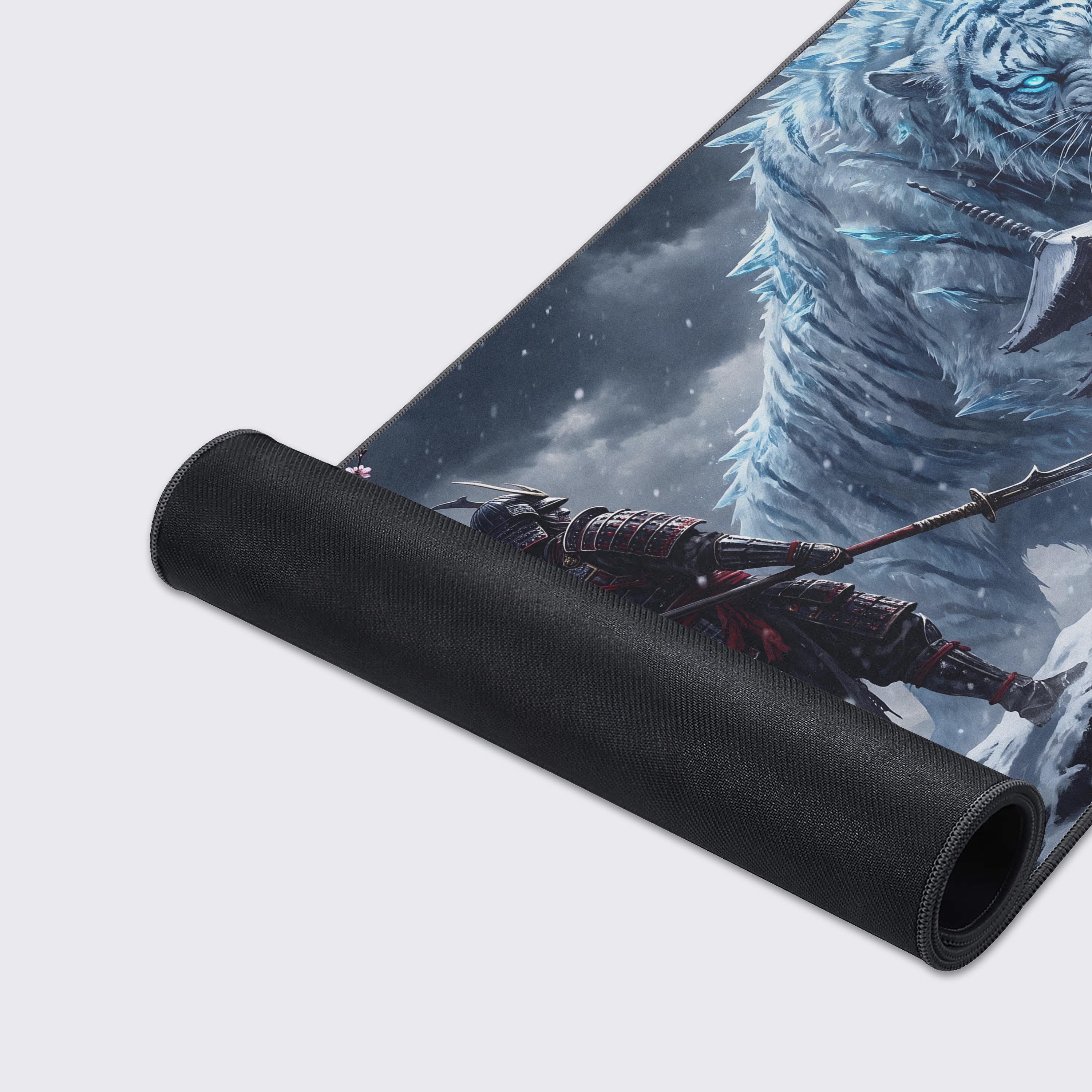 Samurai warrior standing before a Japanese pagoda on a winter aesthetic desk mat