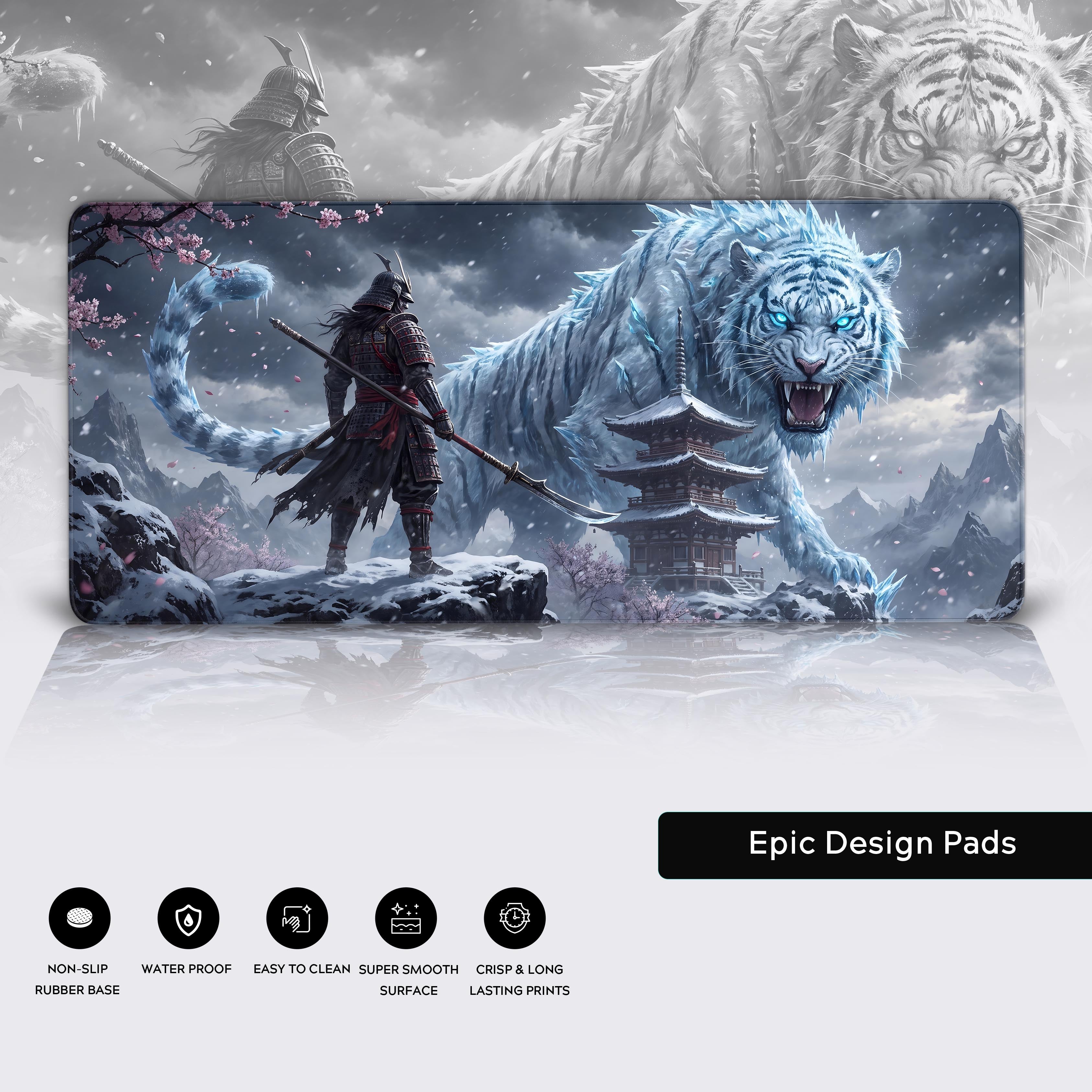 Premium desk mat features showing non-slip rubber base, waterproof surface, and crisp printing icons