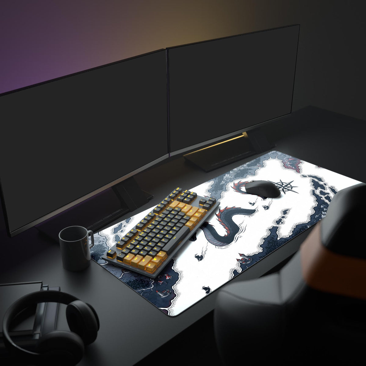 Sea serpent map desk mat on a dark desk with two monitors, a black and yellow keyboard, black mouse, mug and headphones