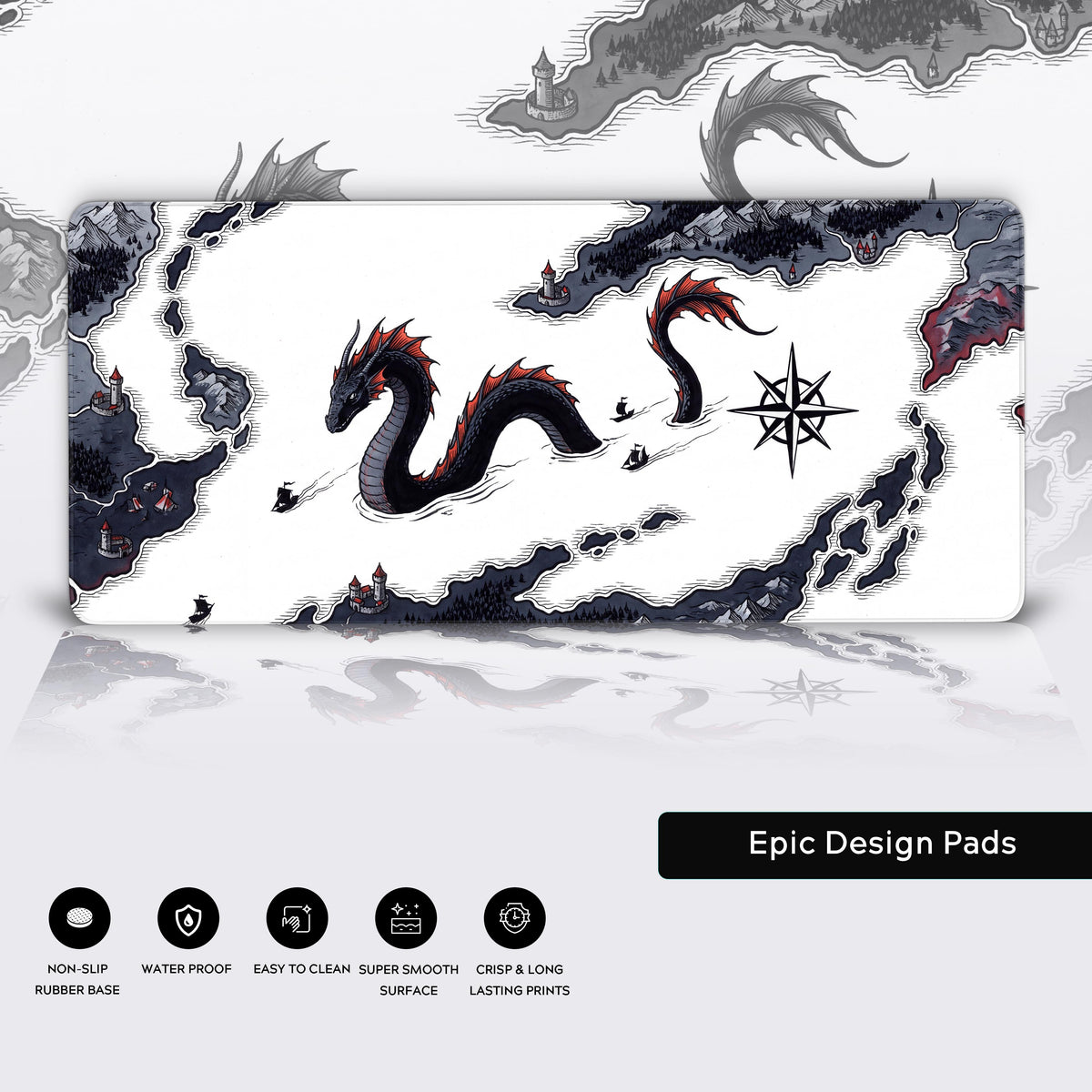 Features panel showing the sea serpent fantasy map desk mat over a faded copy of its art, with five feature icons below