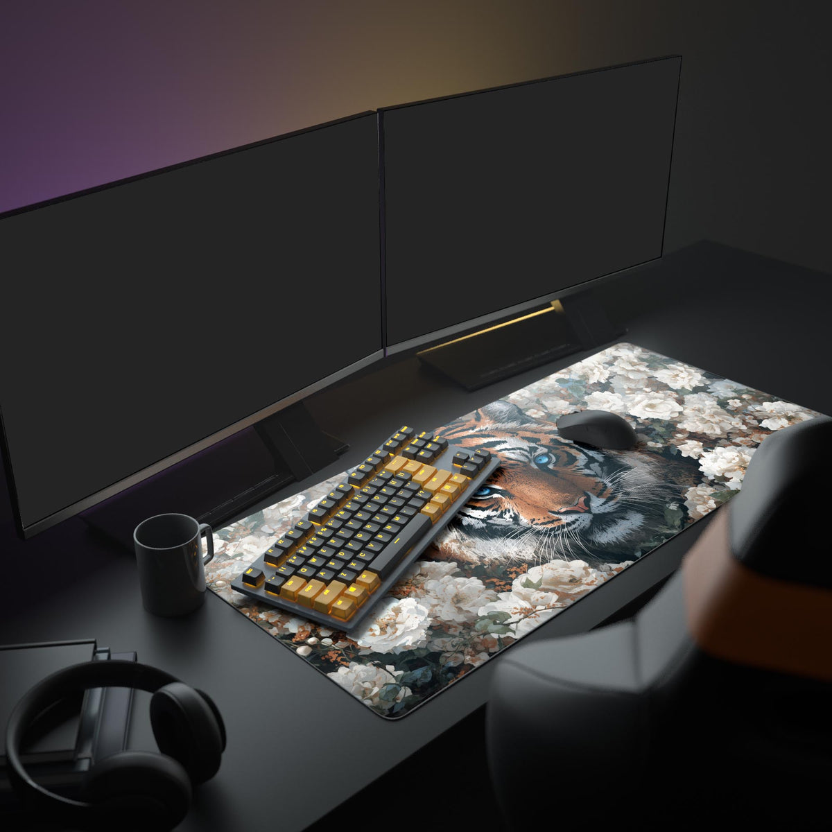 Tiger and white flowers desk mat on a dark desk with two monitors, a keyboard, mouse, mug and headphones - Epic Design Pads & Mousepads