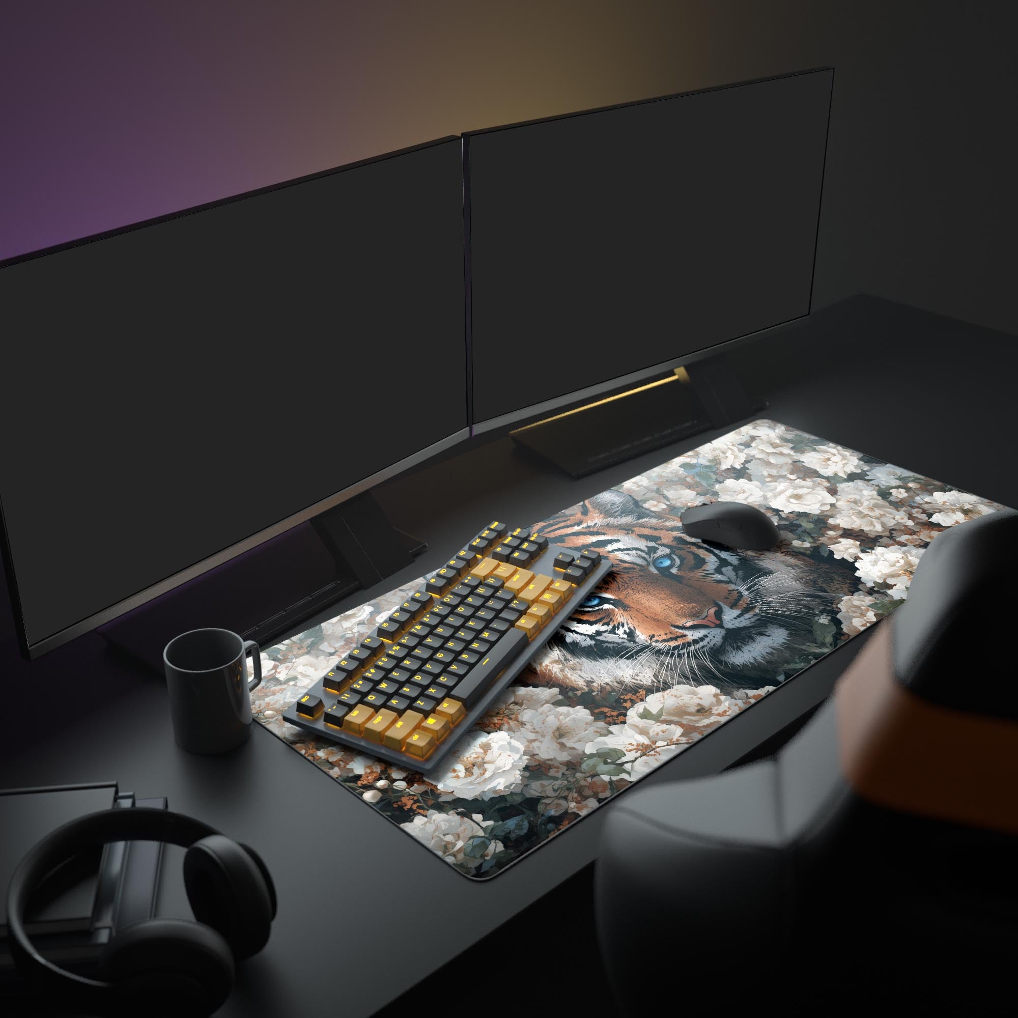 Large War's End gaming mouse pad with an epic knight design, showcased in a full battlestation with dual monitors and gaming peripherals. - Epic Design Pads & Mousepads