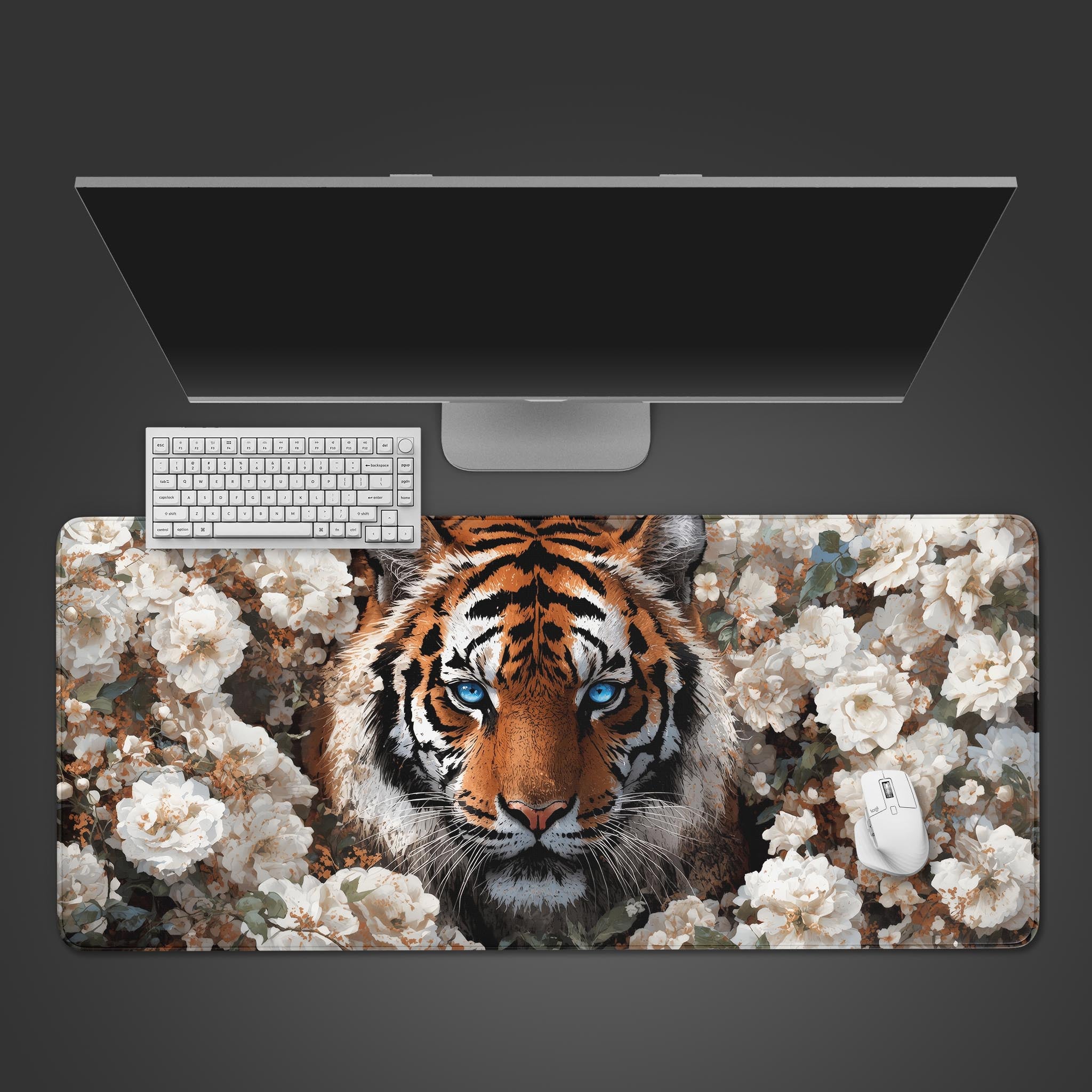 The War's End gaming desk mat showing a conqueror on a white horse, seen from a top-down view with a mechanical keyboard and mouse. - Epic Design Pads & Mousepads