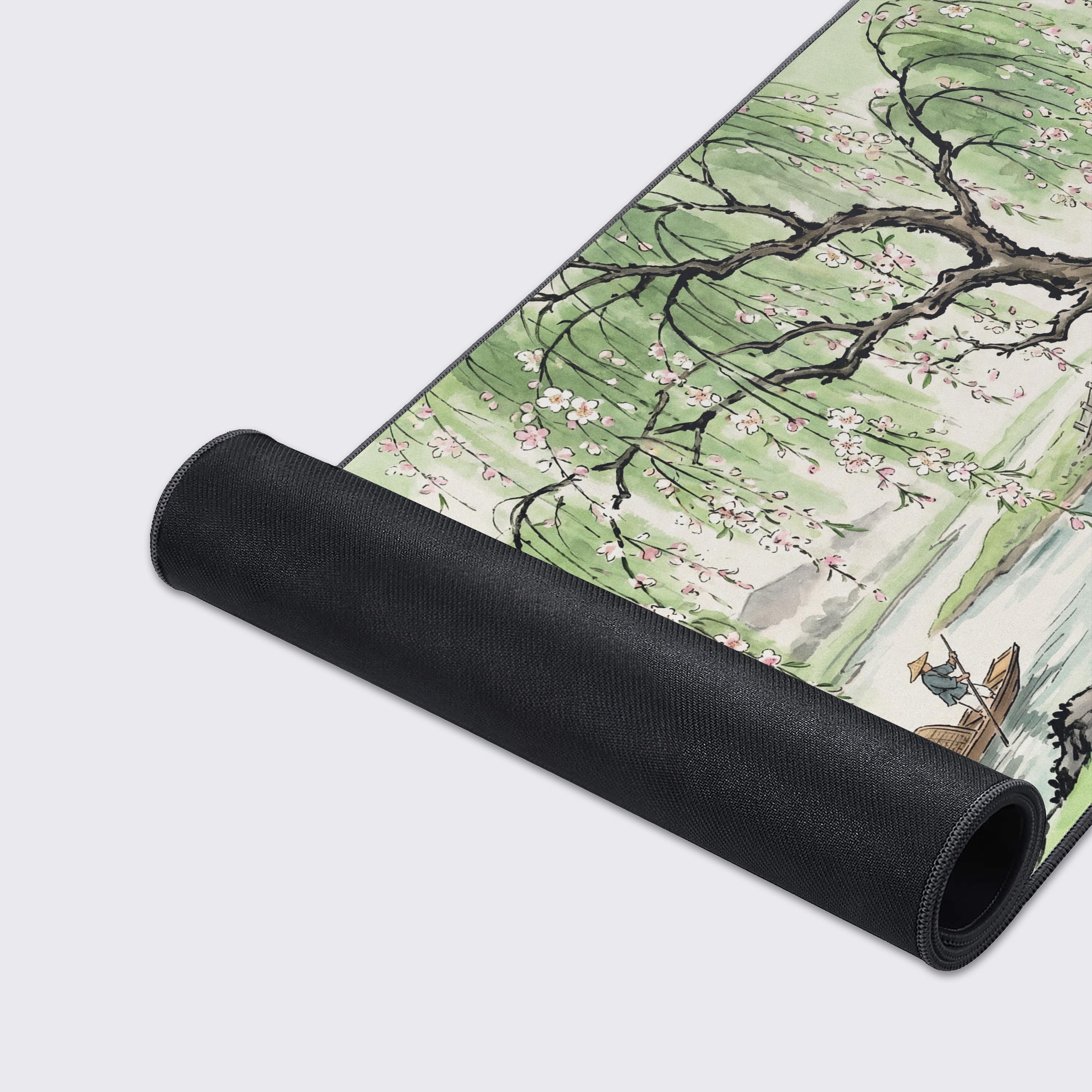 Detailed view of the stone arch bridge and mountain scenery on the peaceful zen desk mat