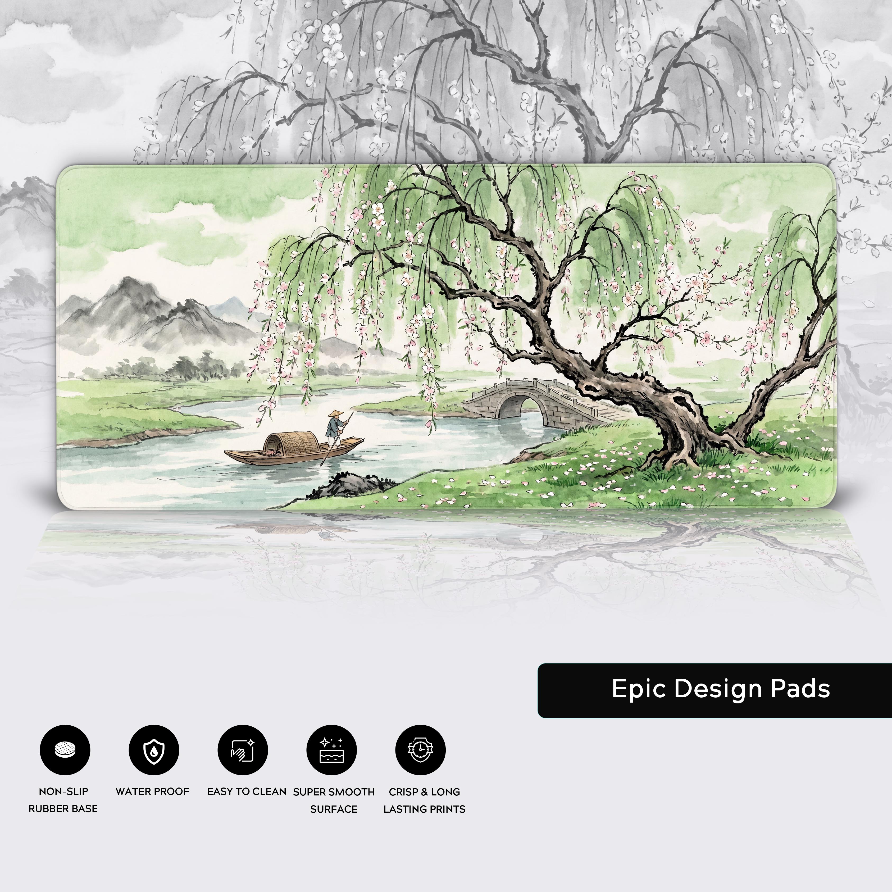 Spring Willow River extended gaming mouse pad showcasing its super smooth surface and non-slip rubber base icons