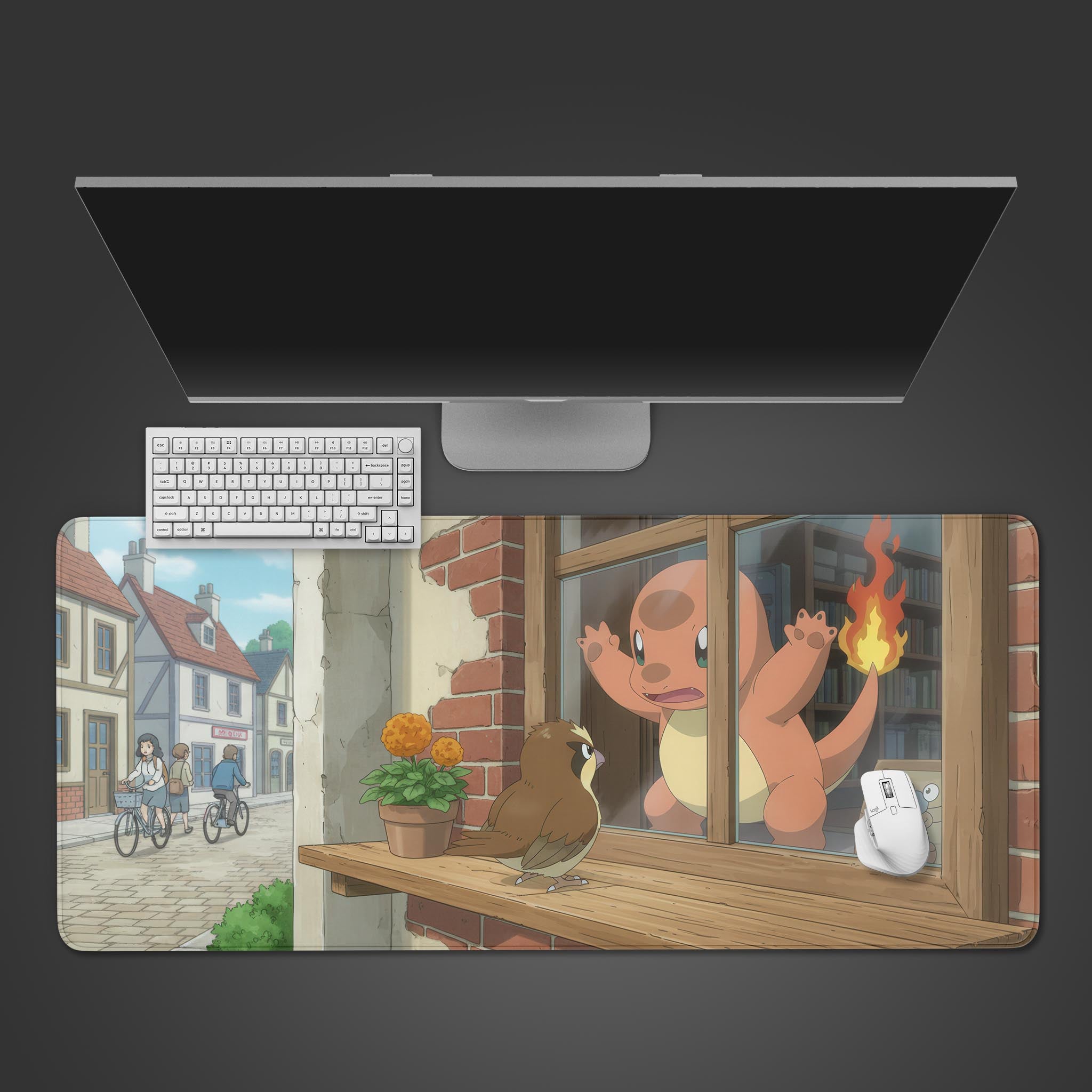 Window Watcher Pokémon desk mat with Charmander design. Top-down view on a desk with a keyboard and mouse, showing ample space for gaming and work. - Epic Design Pads