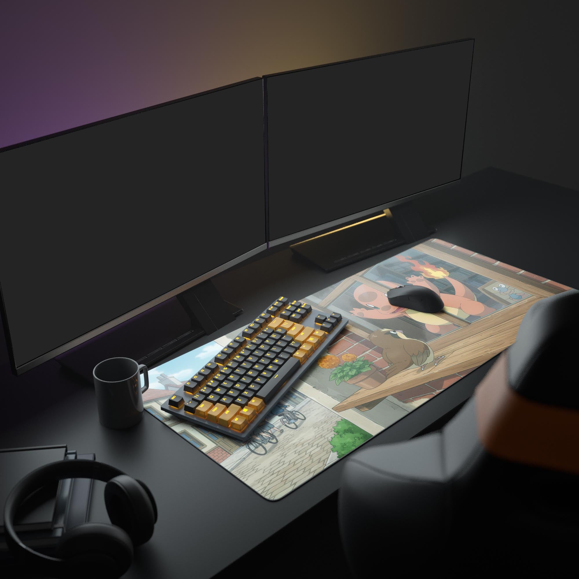 Large Pokémon desk mat featuring Charmander and Pidgey in a cozy gaming setup with a mechanical keyboard, monitors, and headphones. - Epic Design Pads