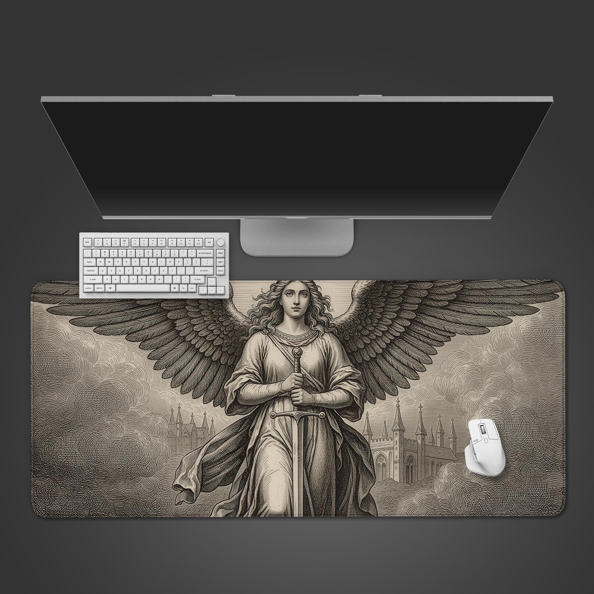 Winged Sentinel angel desk mat in a classical engraving style. Top-down view on a desk with a keyboard and mouse, showing the full design. - Epic Design Pads