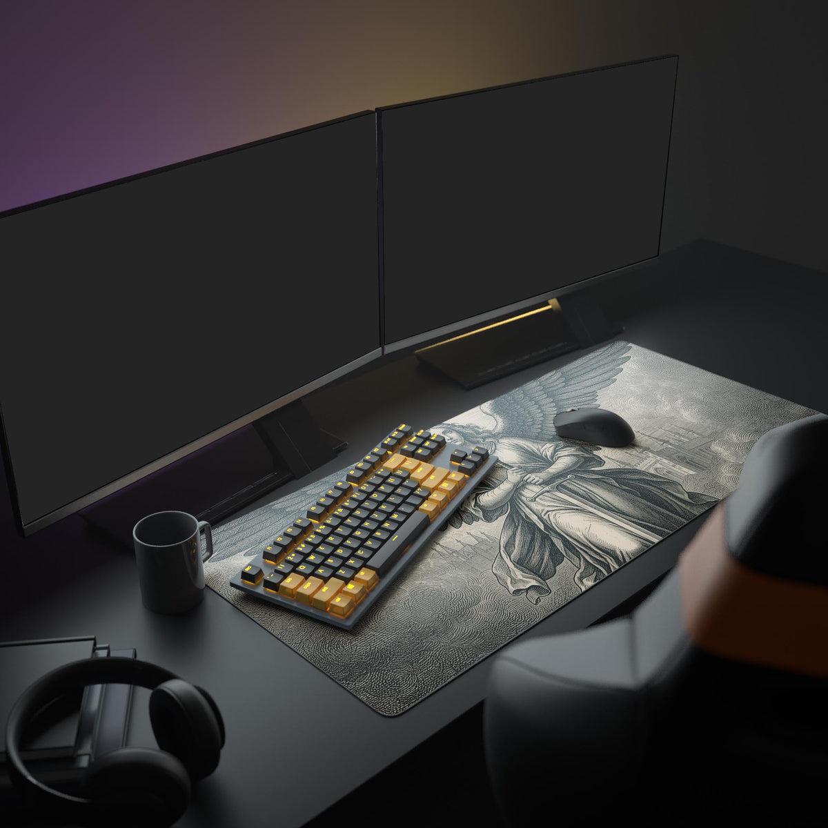 Large Winged Sentinel angel desk mat in a gaming setup. Features a mechanical keyboard, dual monitors, and headphones, creating a gothic workspace aesthetic. - Epic Design Pads