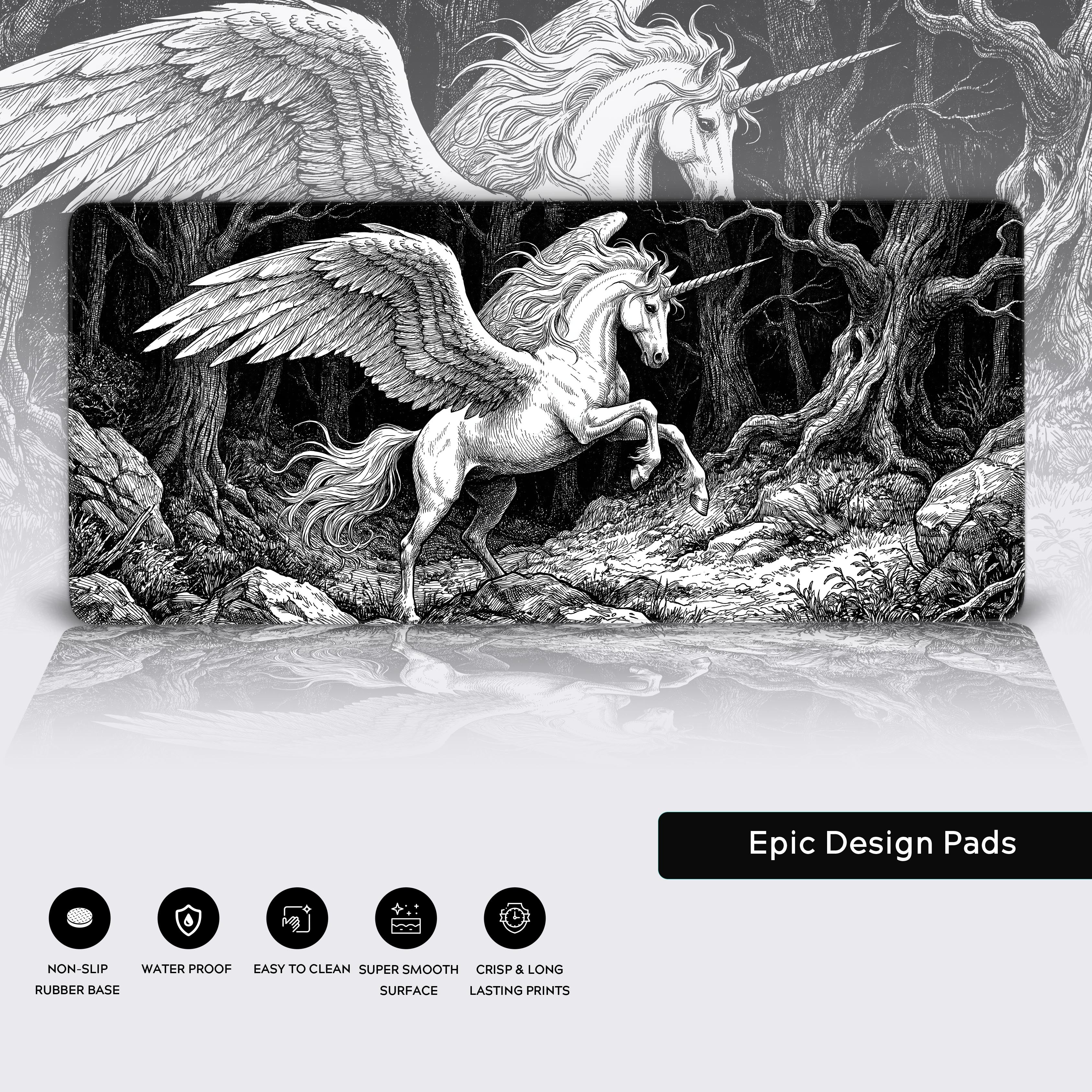 Product features of the dark fantasy desk mat showing non-slip rubber base, waterproof, and easy to clean icons.