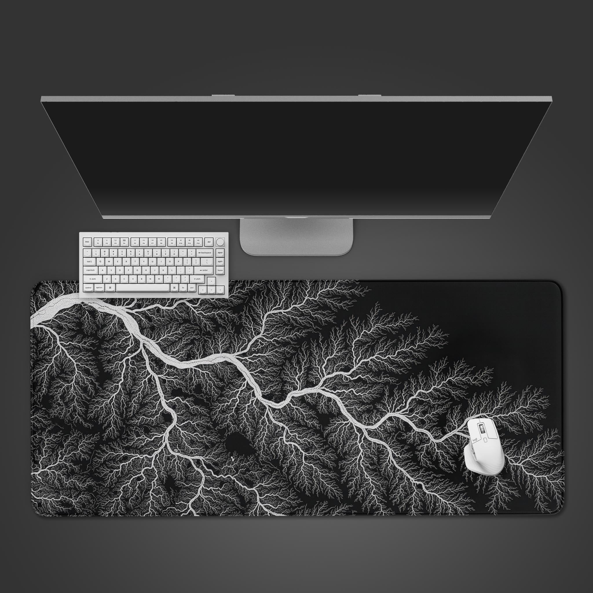 Winter Branches desk mat in a minimalist setup with a white keyboard and mouse, showcasing the monochrome tree branch design from a top-down view. - Epic Design Pads