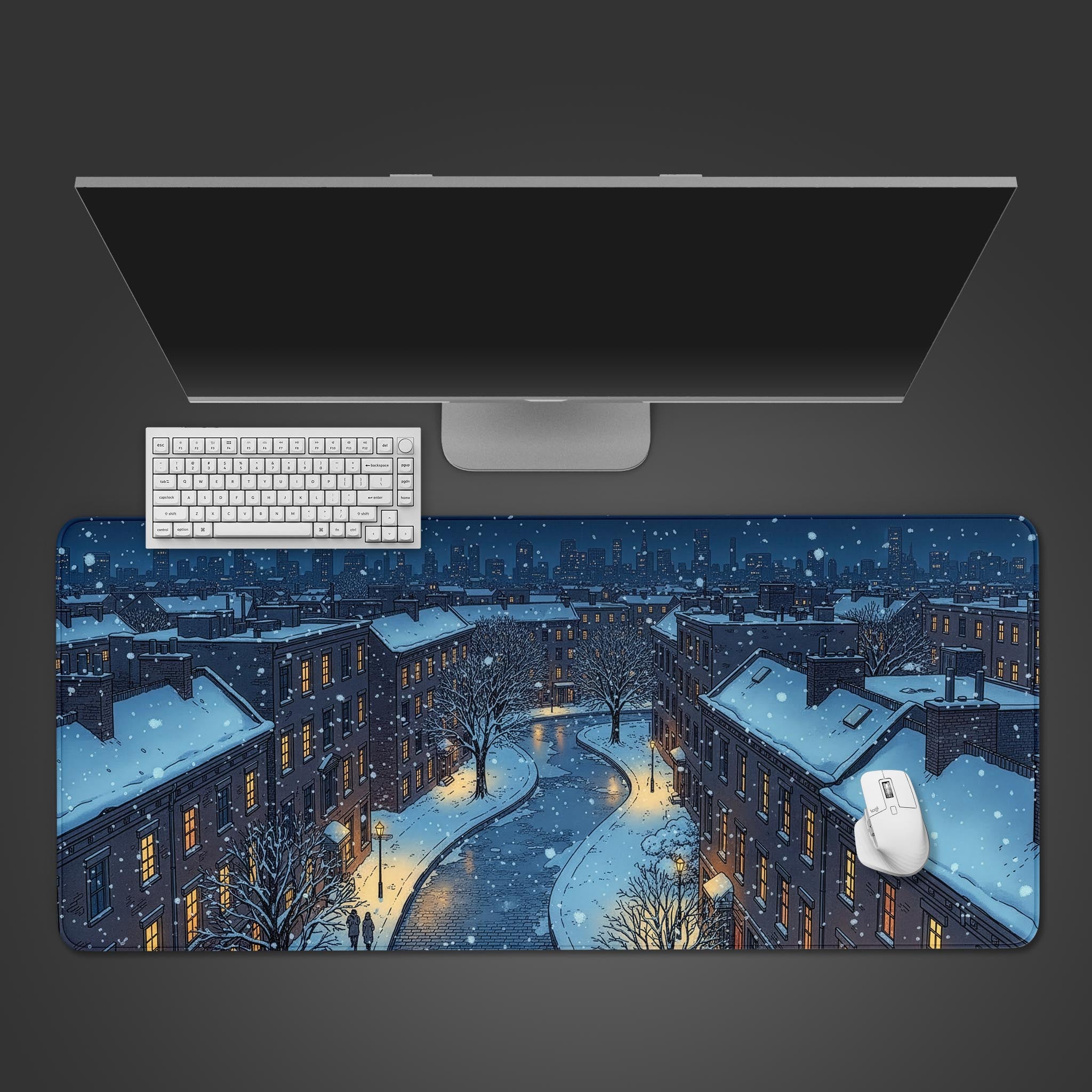 Winter Cityscape desk mat with snowy street art, shown on a desk with a keyboard and mouse for a cozy workspace view. - Epic Design Pads