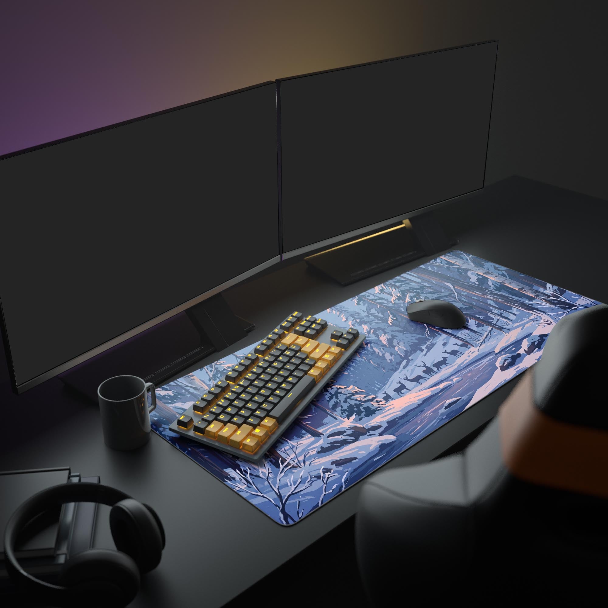 Close up of the desk mat artwork showing a herd of deer standing near a frozen river in a snowy wilderness