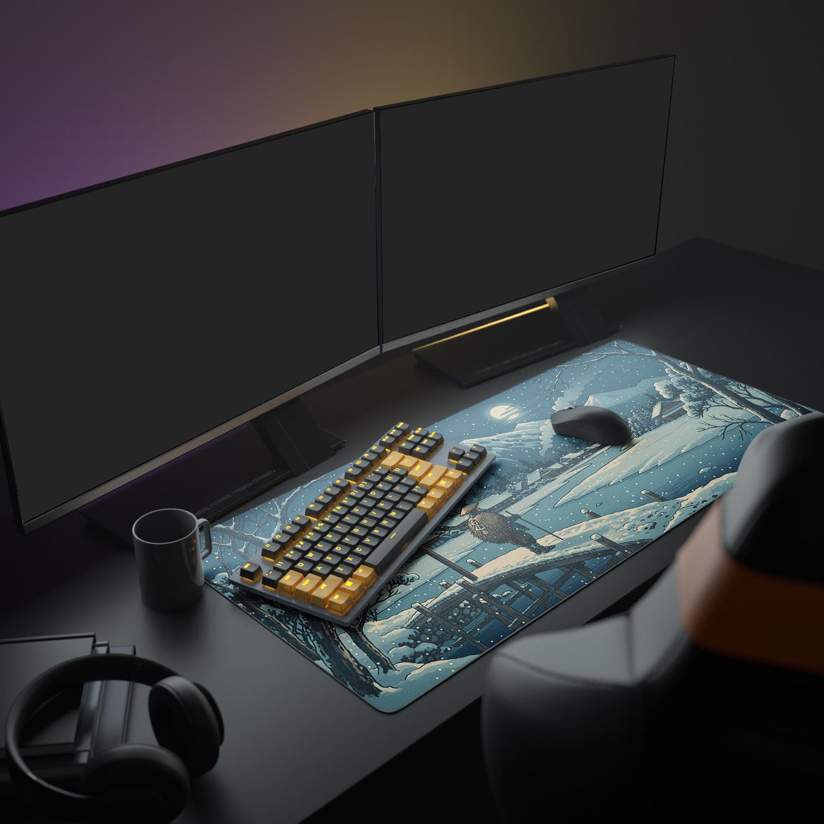 Large Winter Journey Japanese art desk mat – shown in a cozy desk setup with a monitor, keyboard, and headphones. - Epic Design Pads