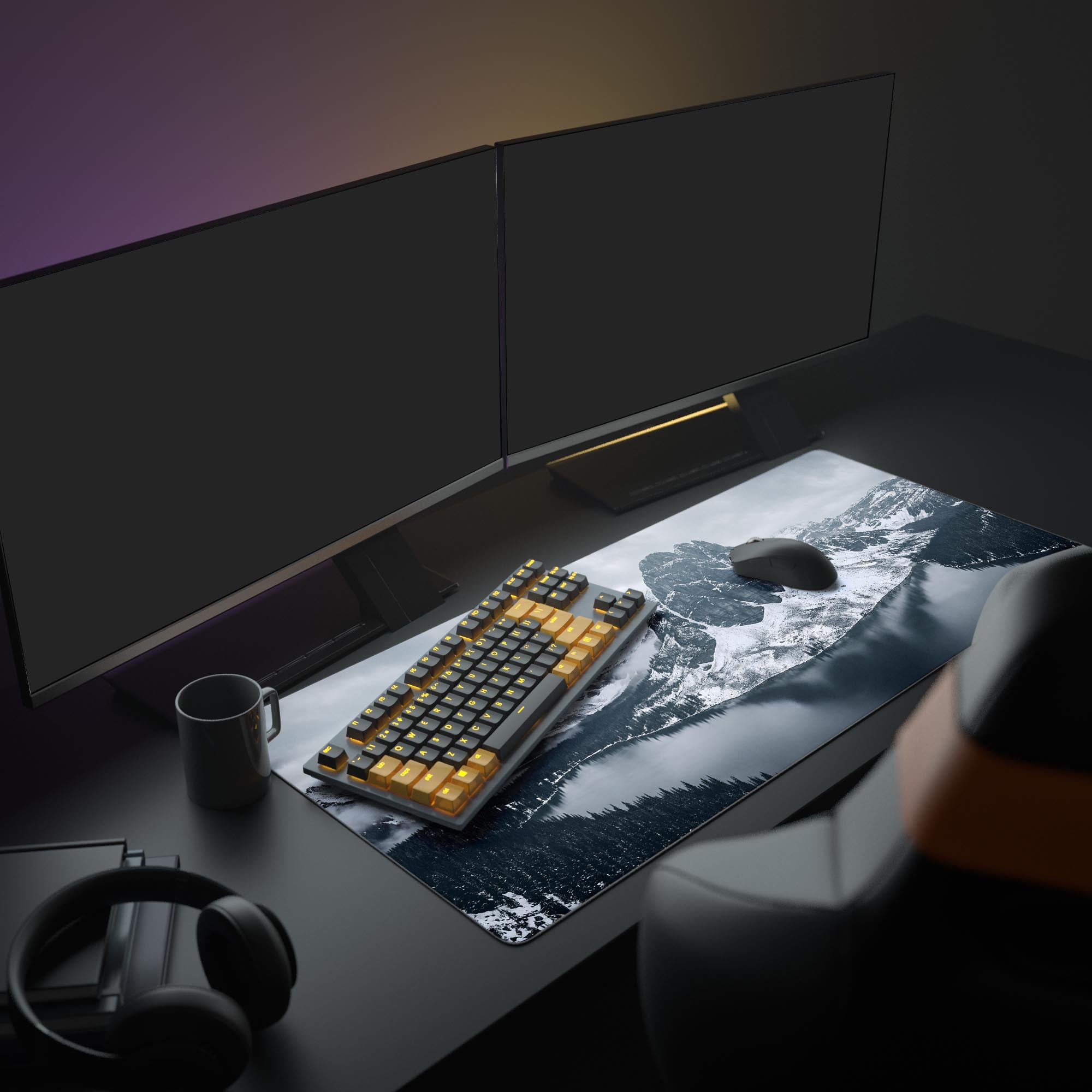 Close up view of the desk mat artwork showing high-contrast details of dark pine trees and bright snowy alpine slopes.