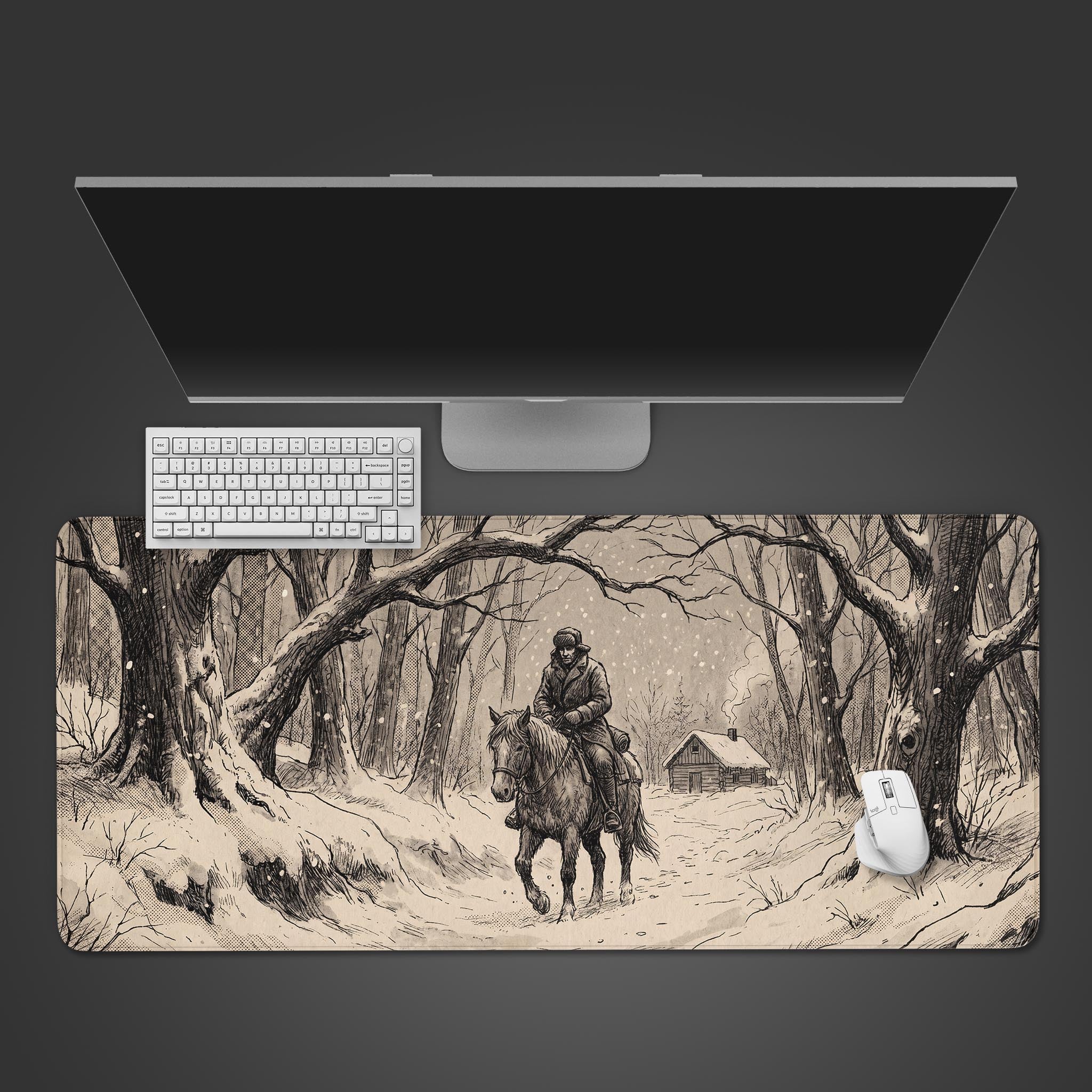 A vintage sketch-style desk mat featuring a man riding a horse through a snowy forest toward a cabin