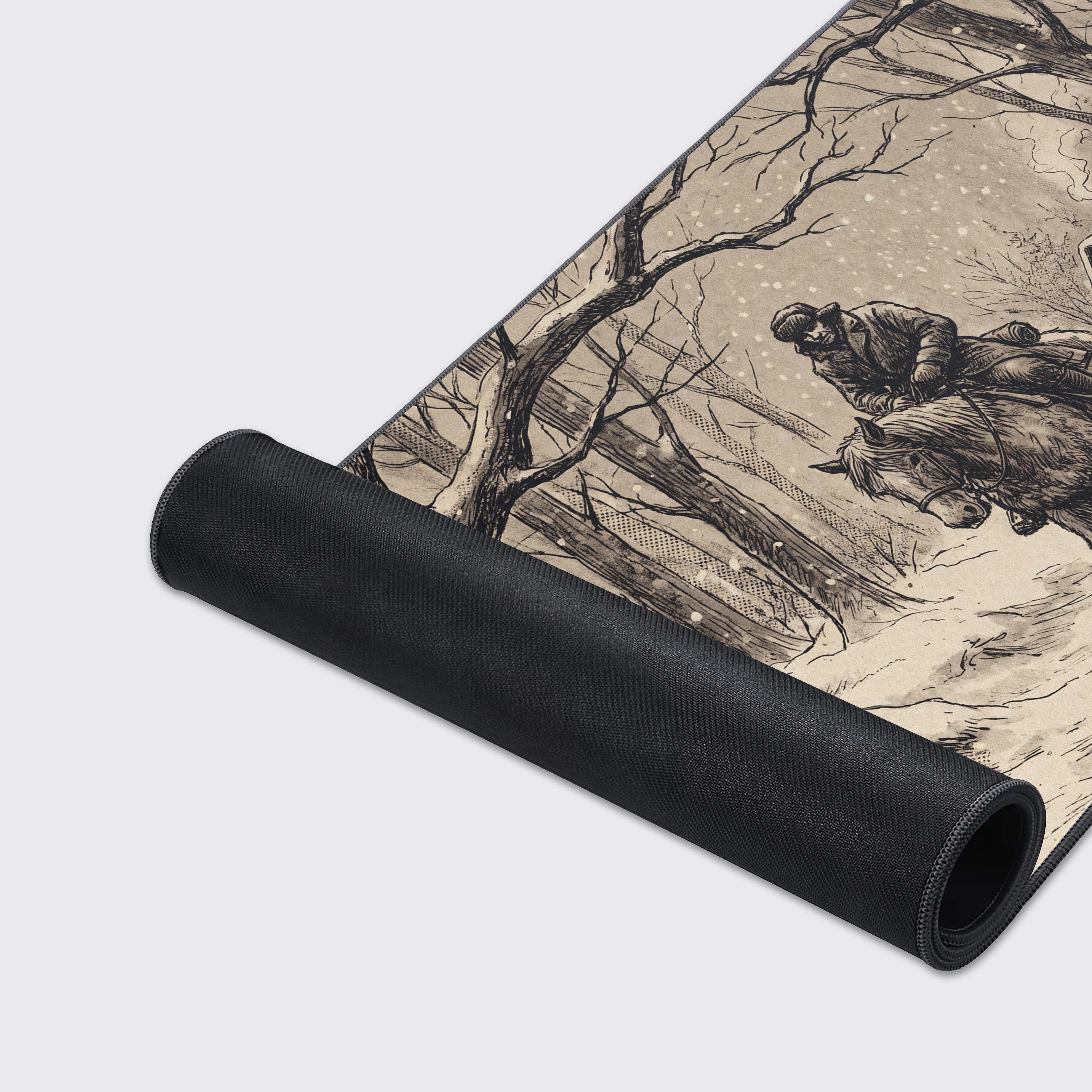 Detailed view of the rustic wooden cabin and bare winter trees on the extended desk mat