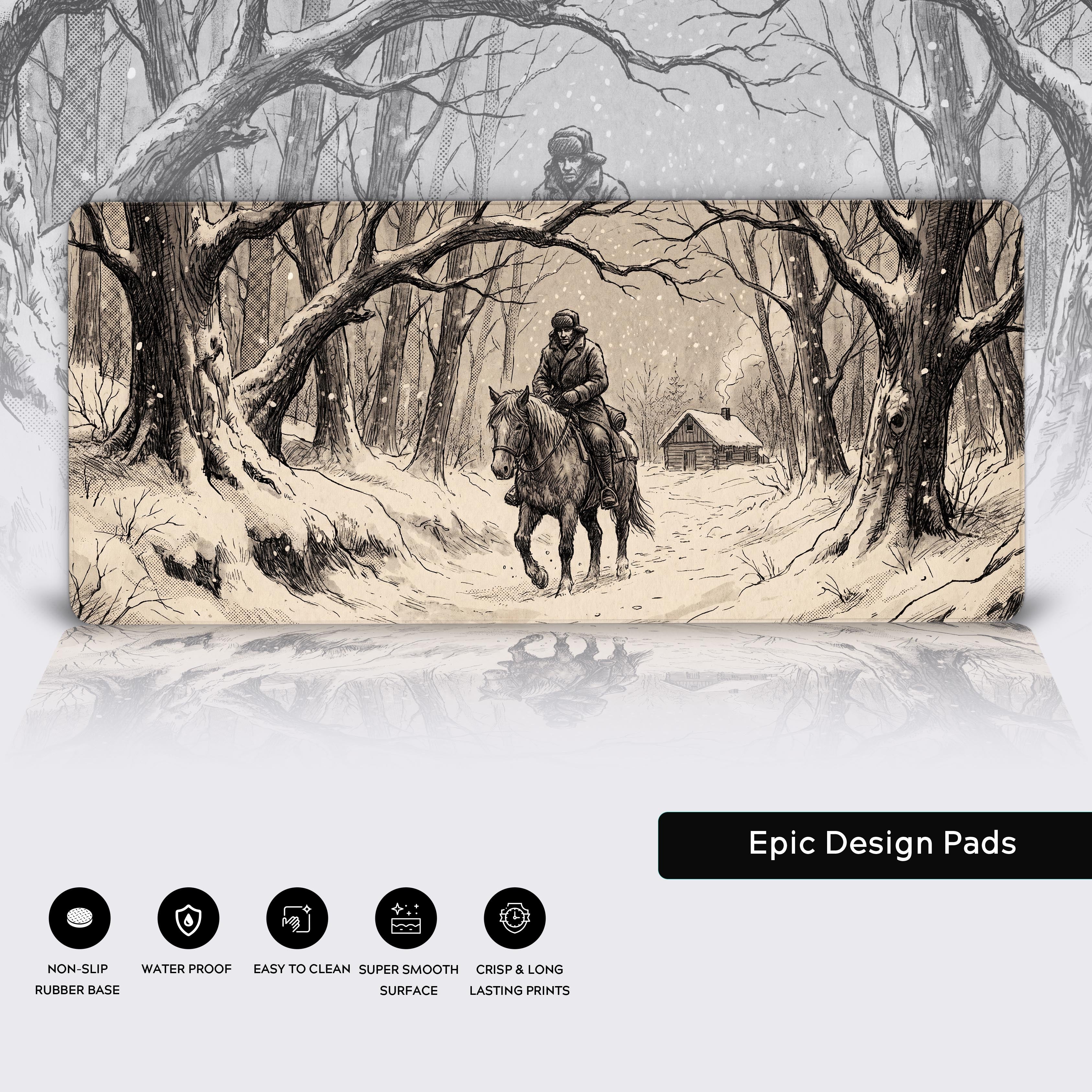 Product feature icons highlighting the non-slip base, waterproof surface, and crisp print quality of the desk mat