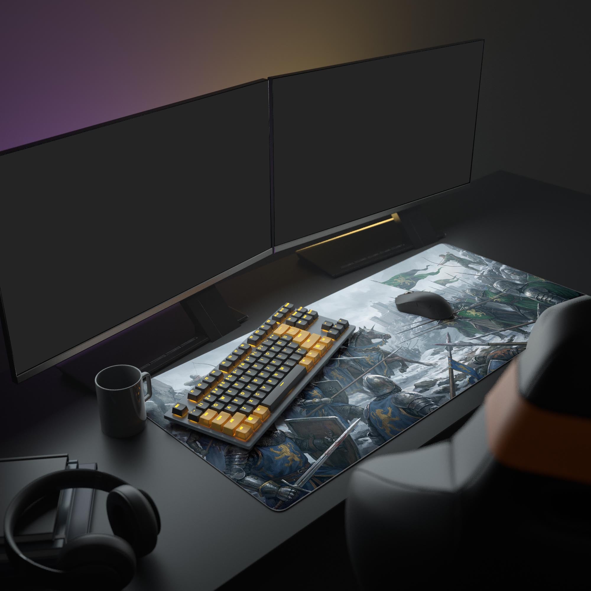The Winter Siege mouse pad enhances a full PC setup, its epic knight battle art complementing the gaming keyboard, mouse, and monitors for an immersive battle station. - Epic Design Pads & Mousepads