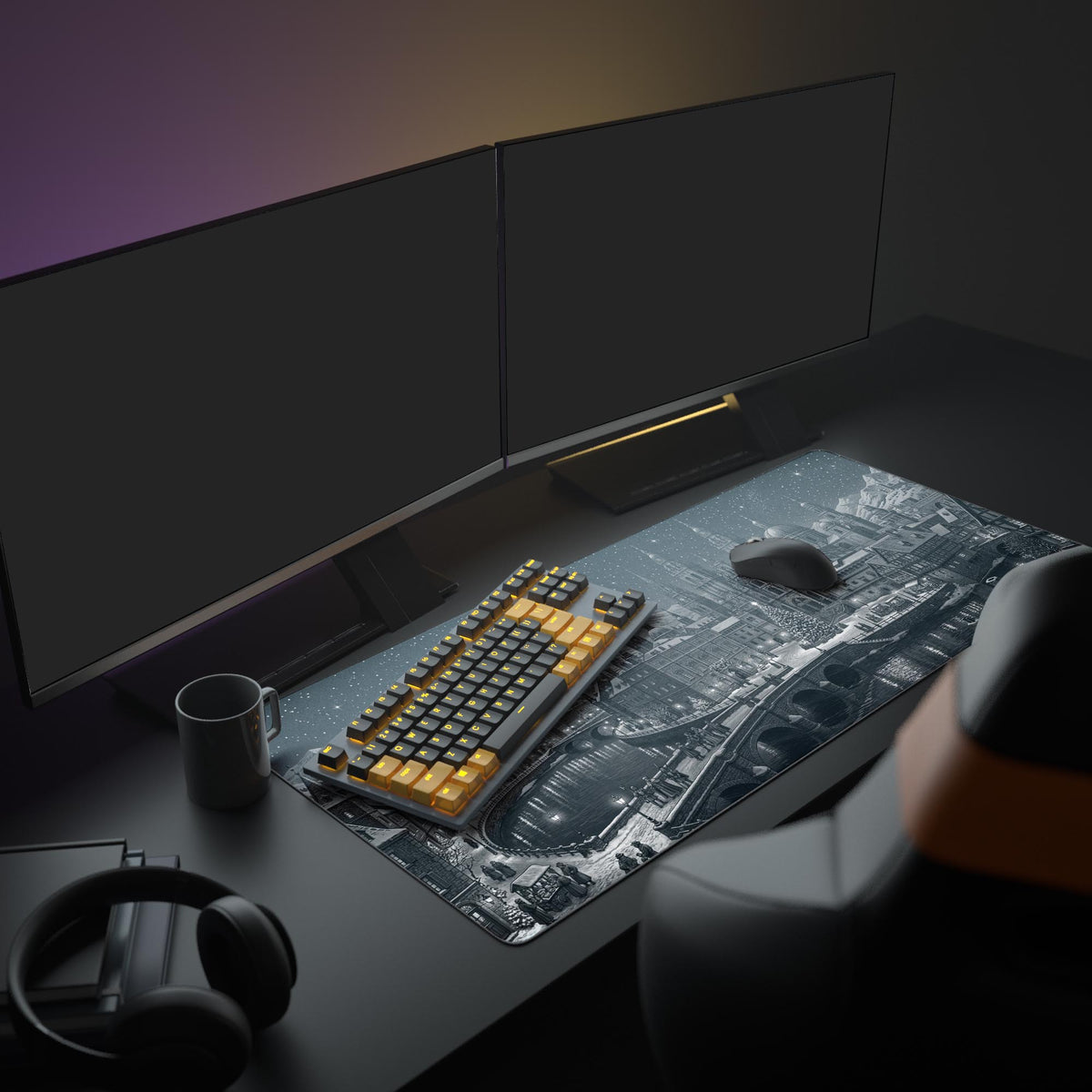 A complete PC setup featuring the Winter Spire gaming desk mat, complementing a minimalist desk with a monitor and a white keyboard and mouse for a clean aesthetic. - Epic Design Pads & Mousepads