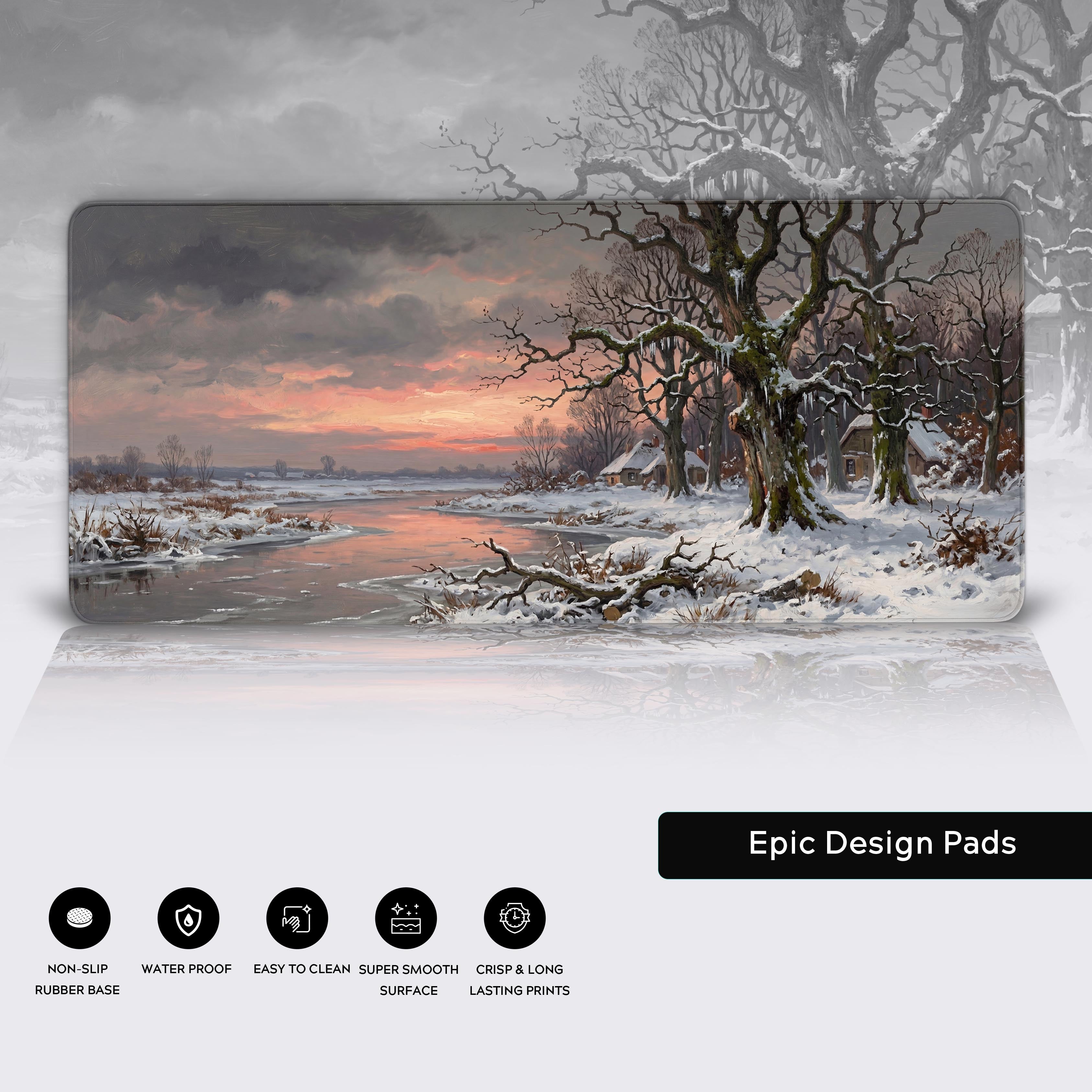 Epic Design Pads features showcase including non-slip base, waterproof, and smooth surface icons below a winter landscape mat