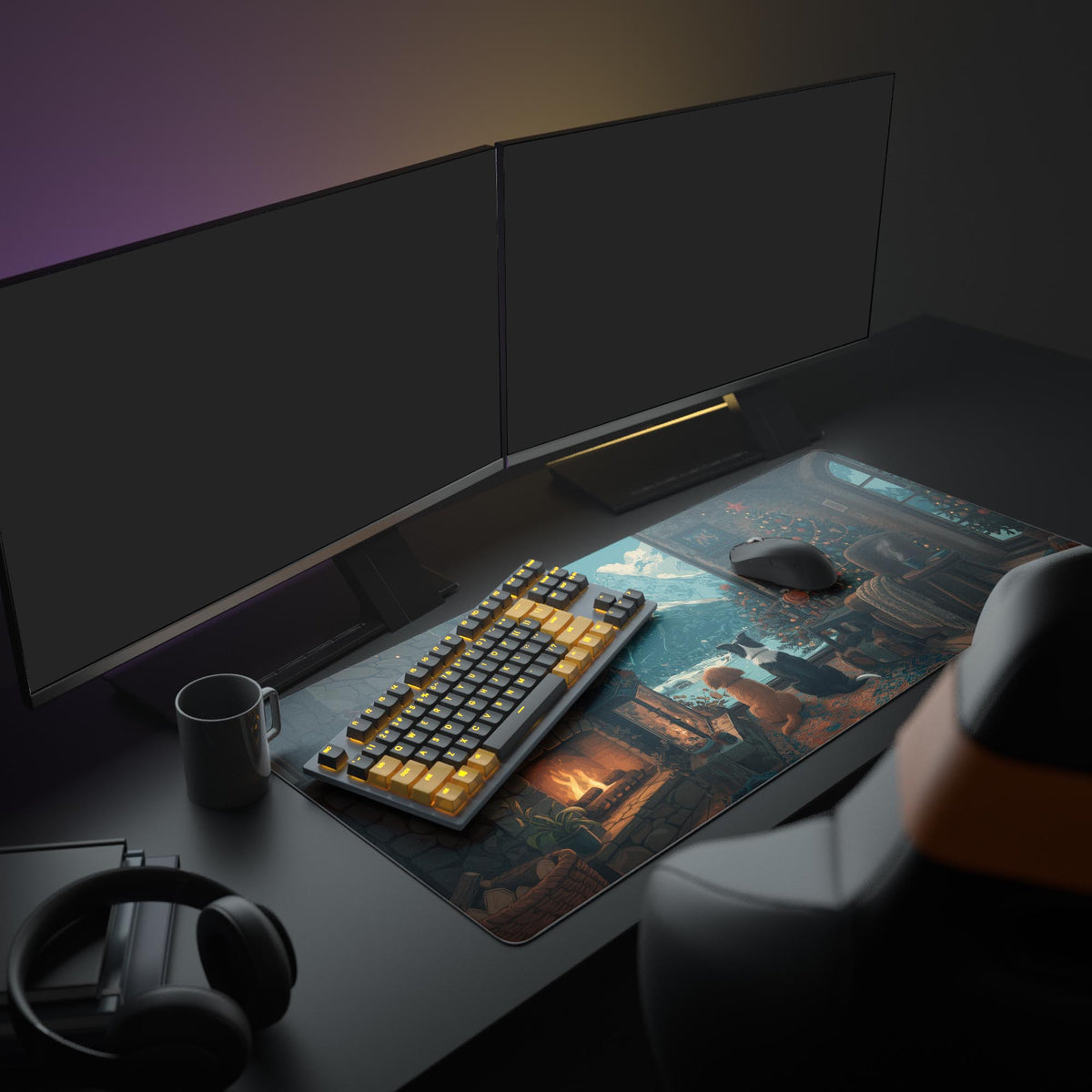 Large Winter View desk mat in a cozy desk setup with a monitor and keyboard, highlighting the festive Christmas lodge design. - Epic Design Pads