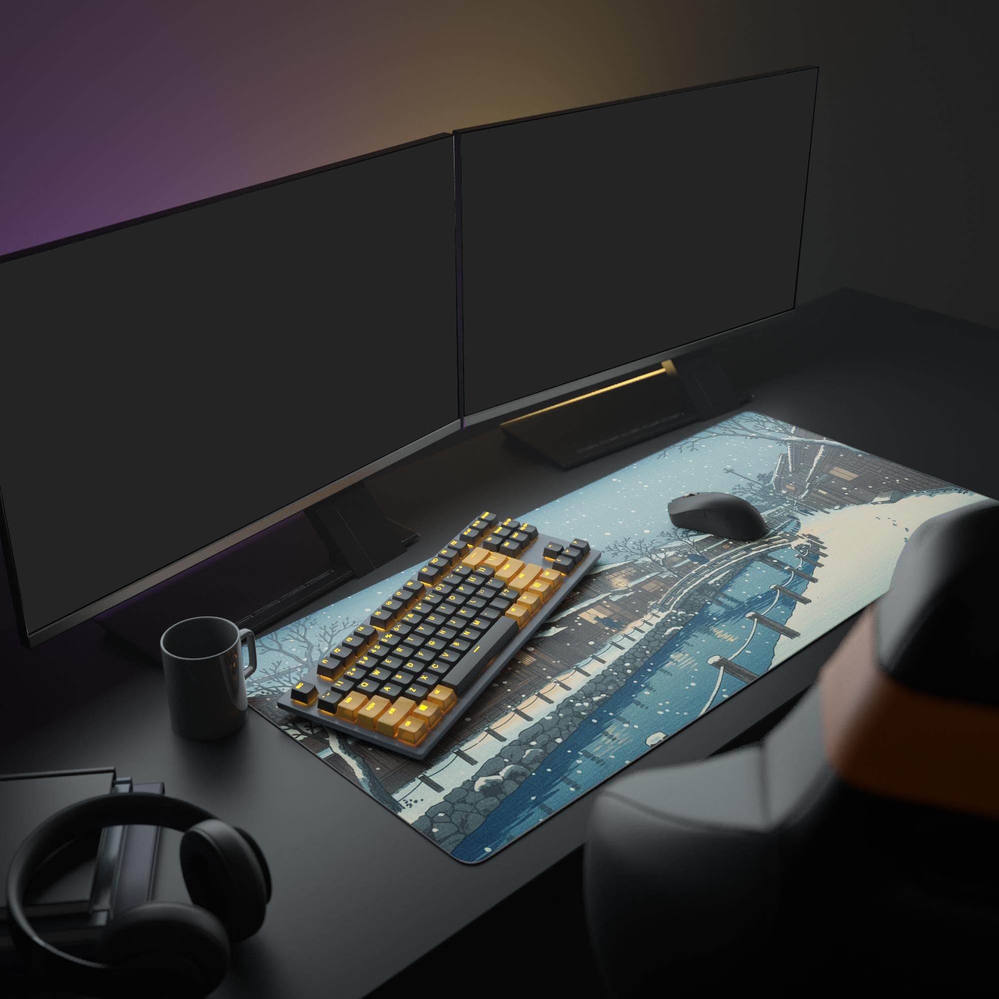 Large Winter Village Japanese art desk mat in a cozy desk setup with dual monitors, a mechanical keyboard, and headphones. - Epic Design Pads